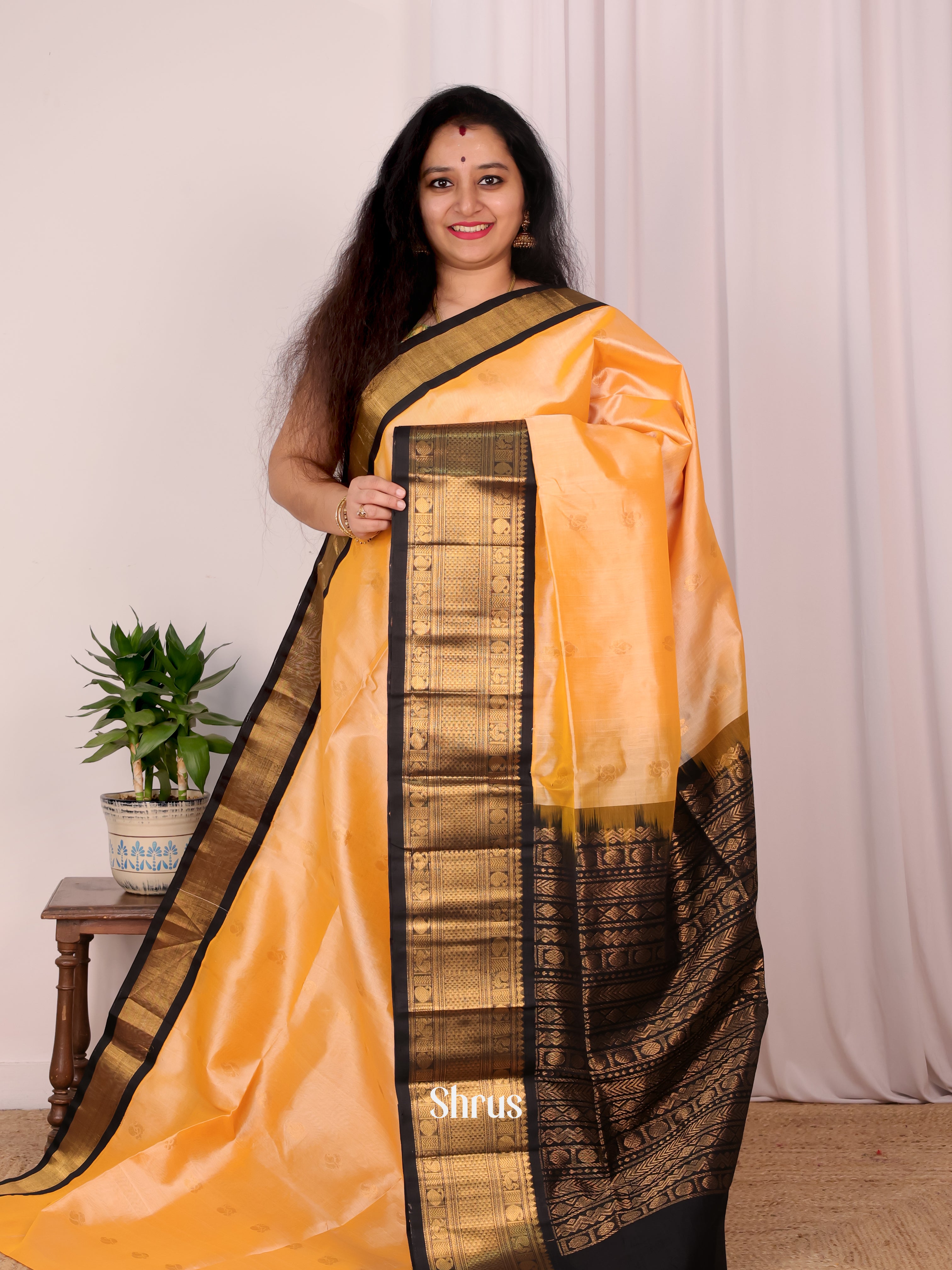 Peach & Black - Silk Cotton Saree - Shop on Shrus.com