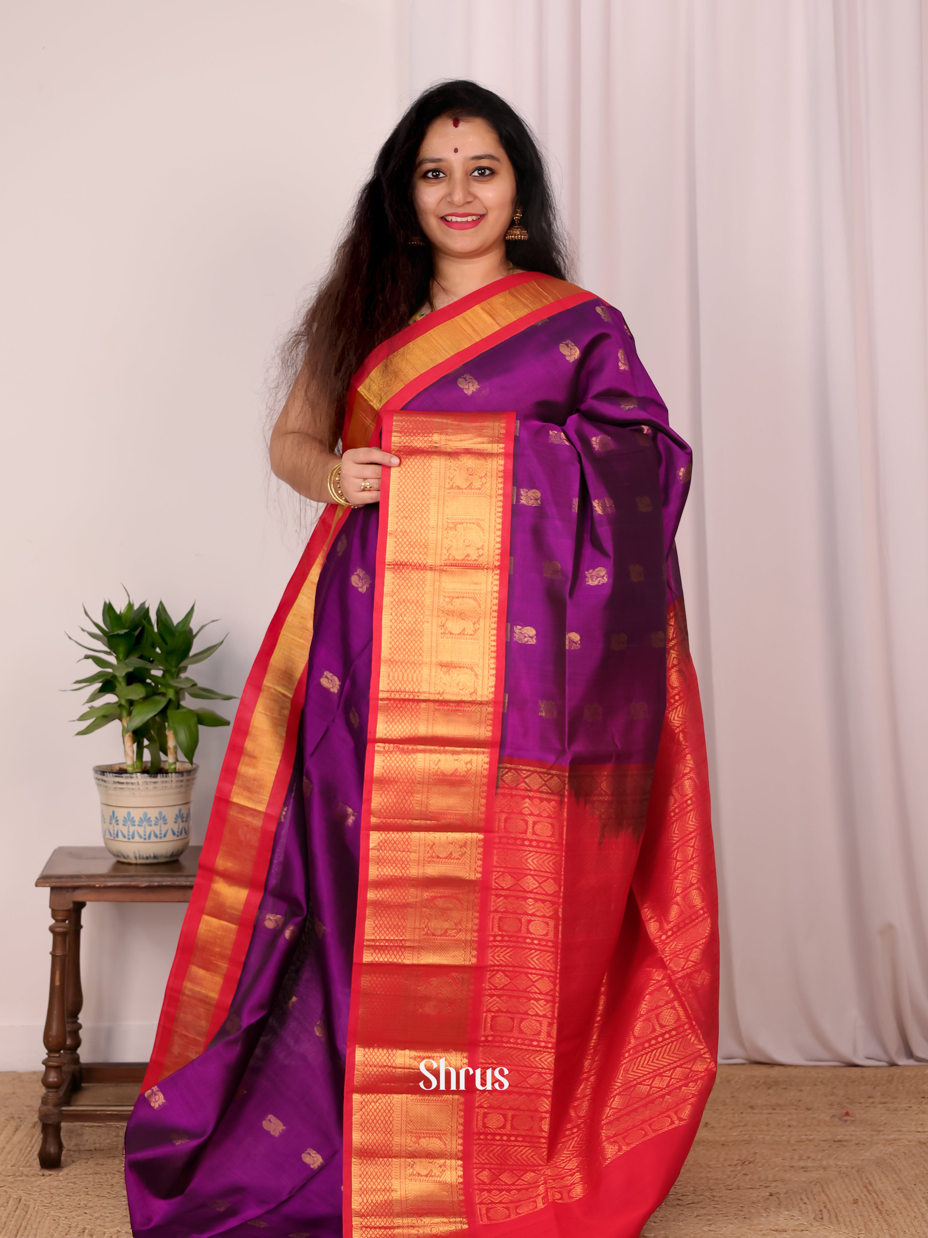 Violet & Red - Silk Cotton Saree - Shop on Shrus.com