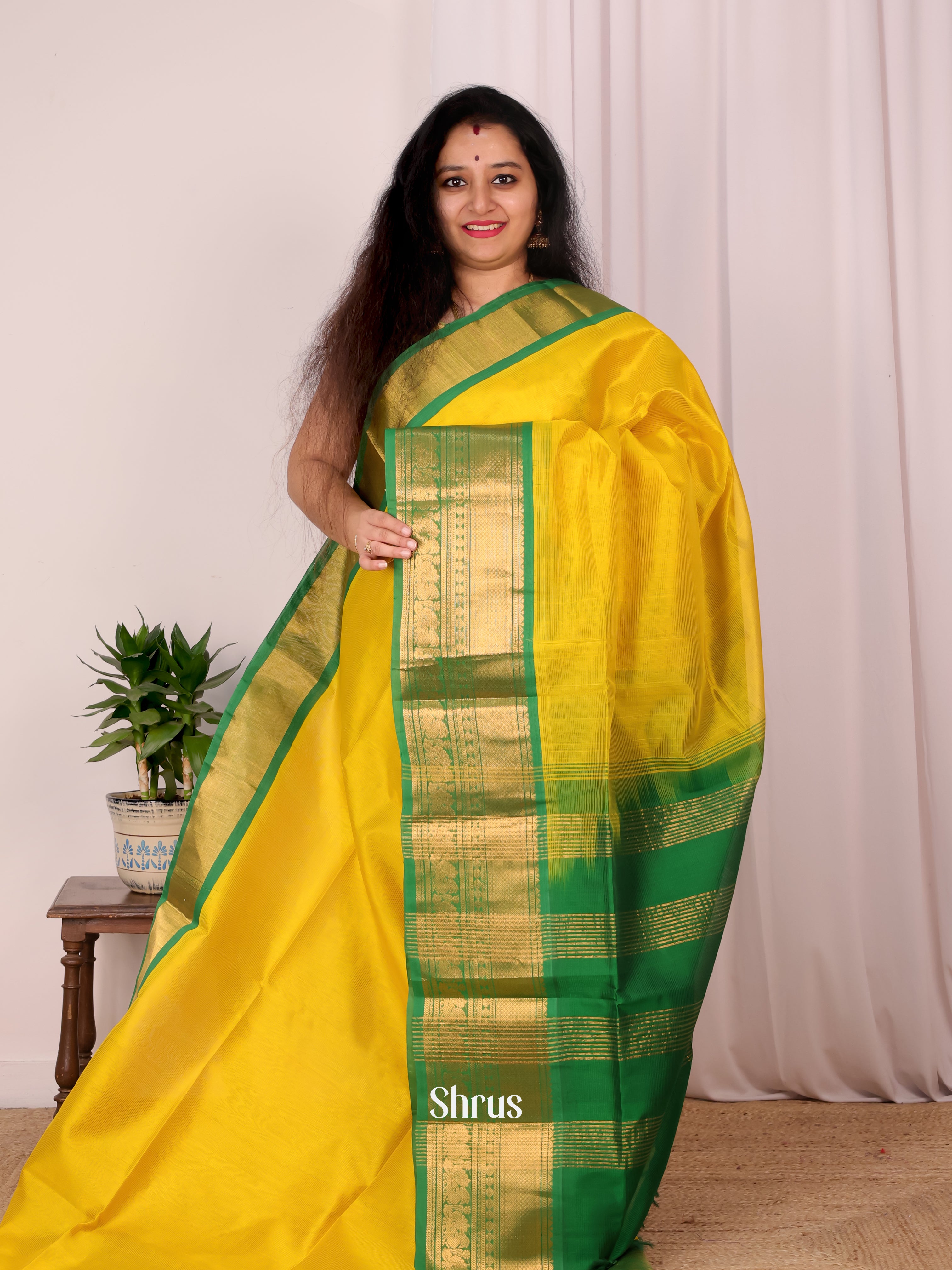 Yellow & Green - Silk Cotton Saree - Shop on Shrus.com