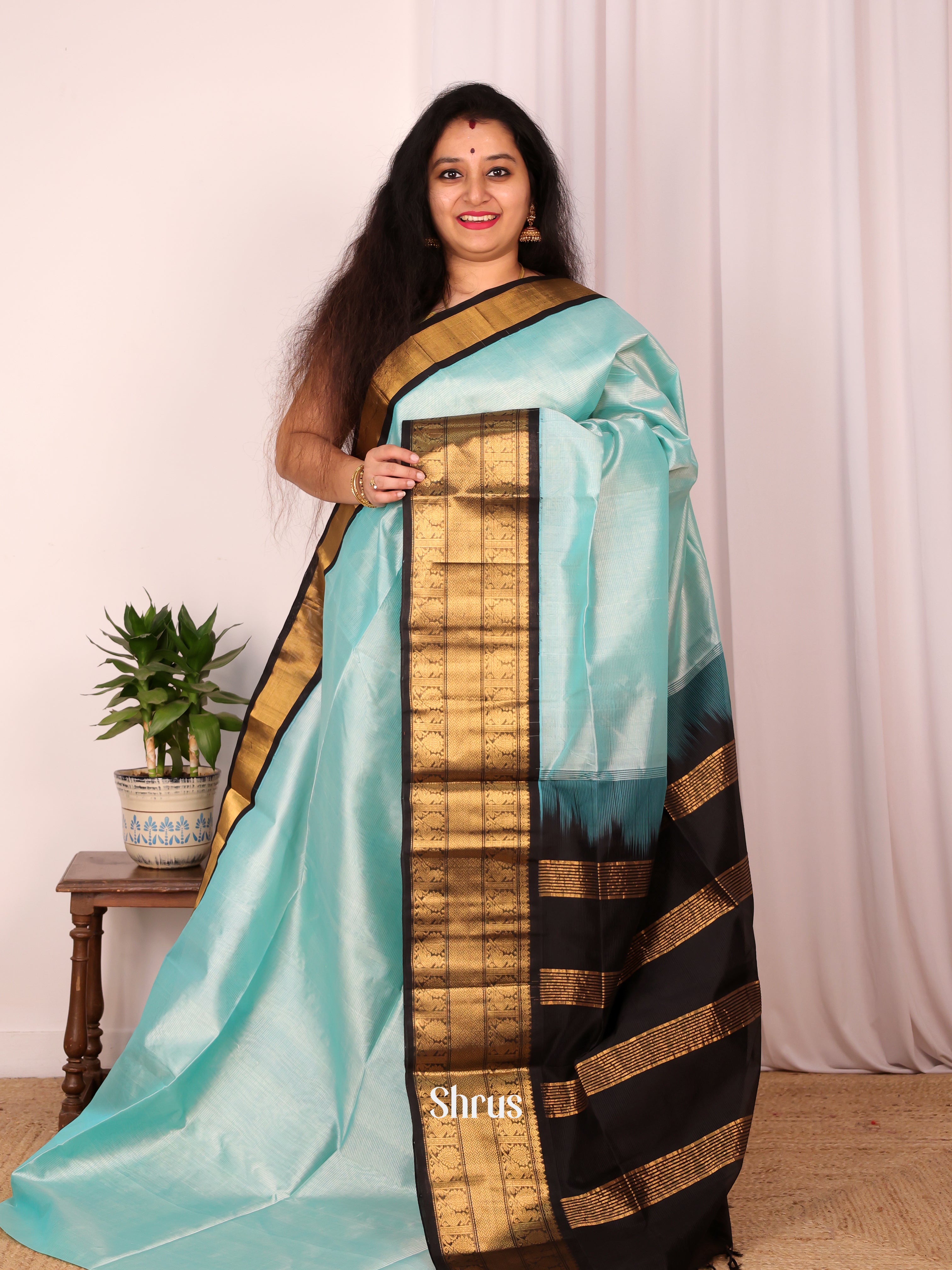 Lite Blue & Black - Silk Cotton Saree - Shop on Shrus.com
