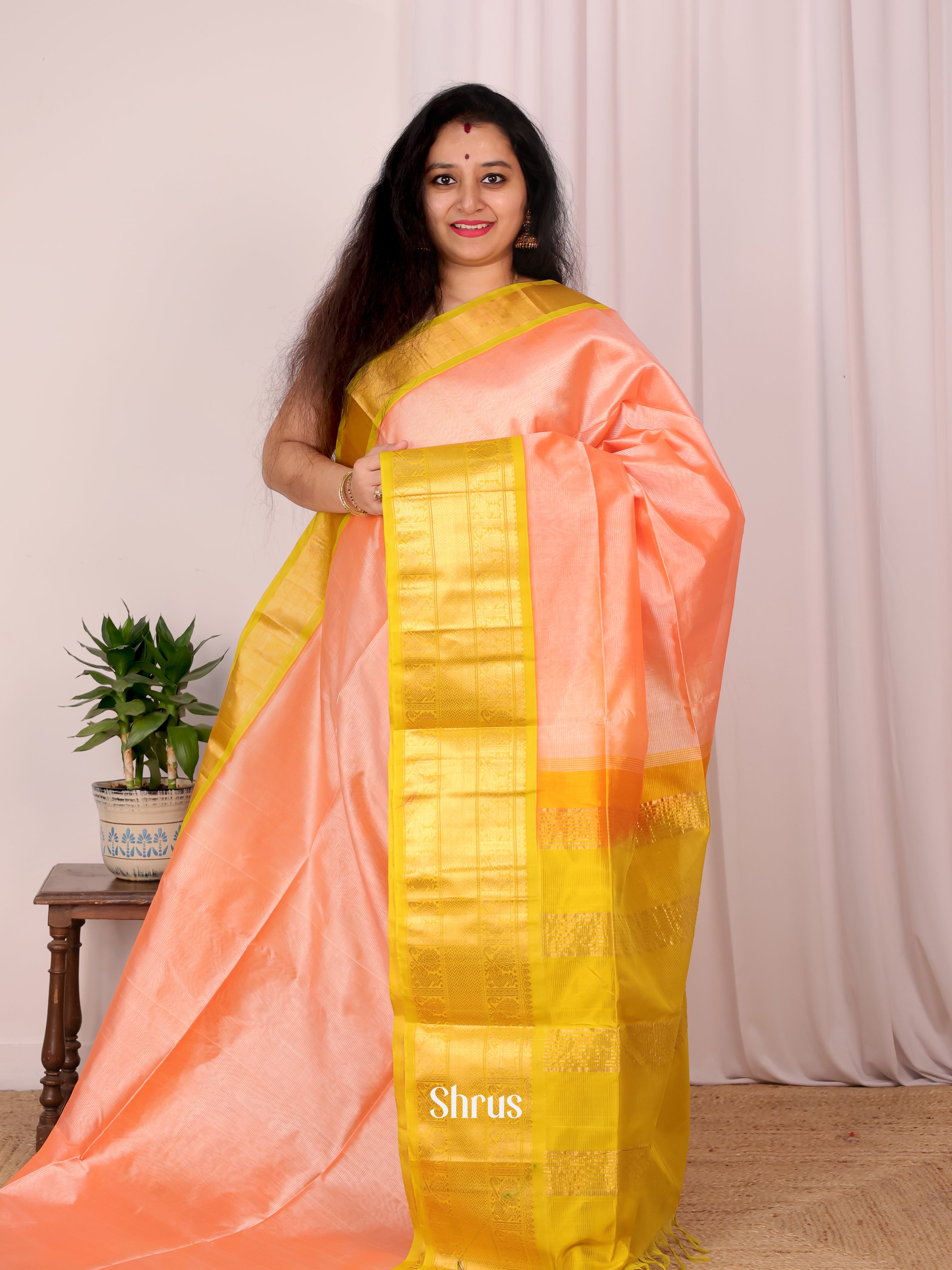 Peach & Yellow - Silk Cotton Saree - Shop on Shrus.com