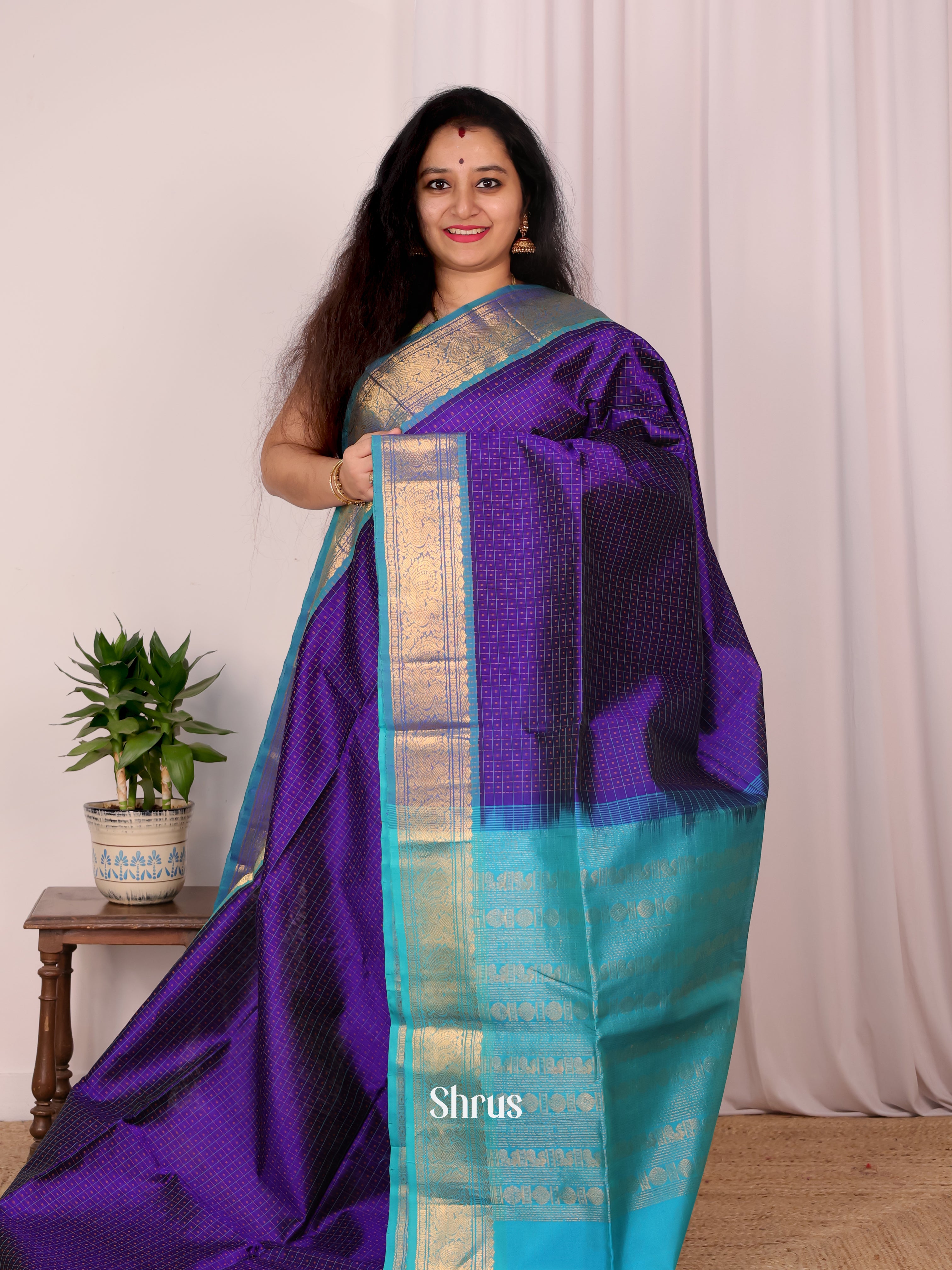 Violet & Sky Blue - Silk Cotton Saree - Shop on Shrus.com