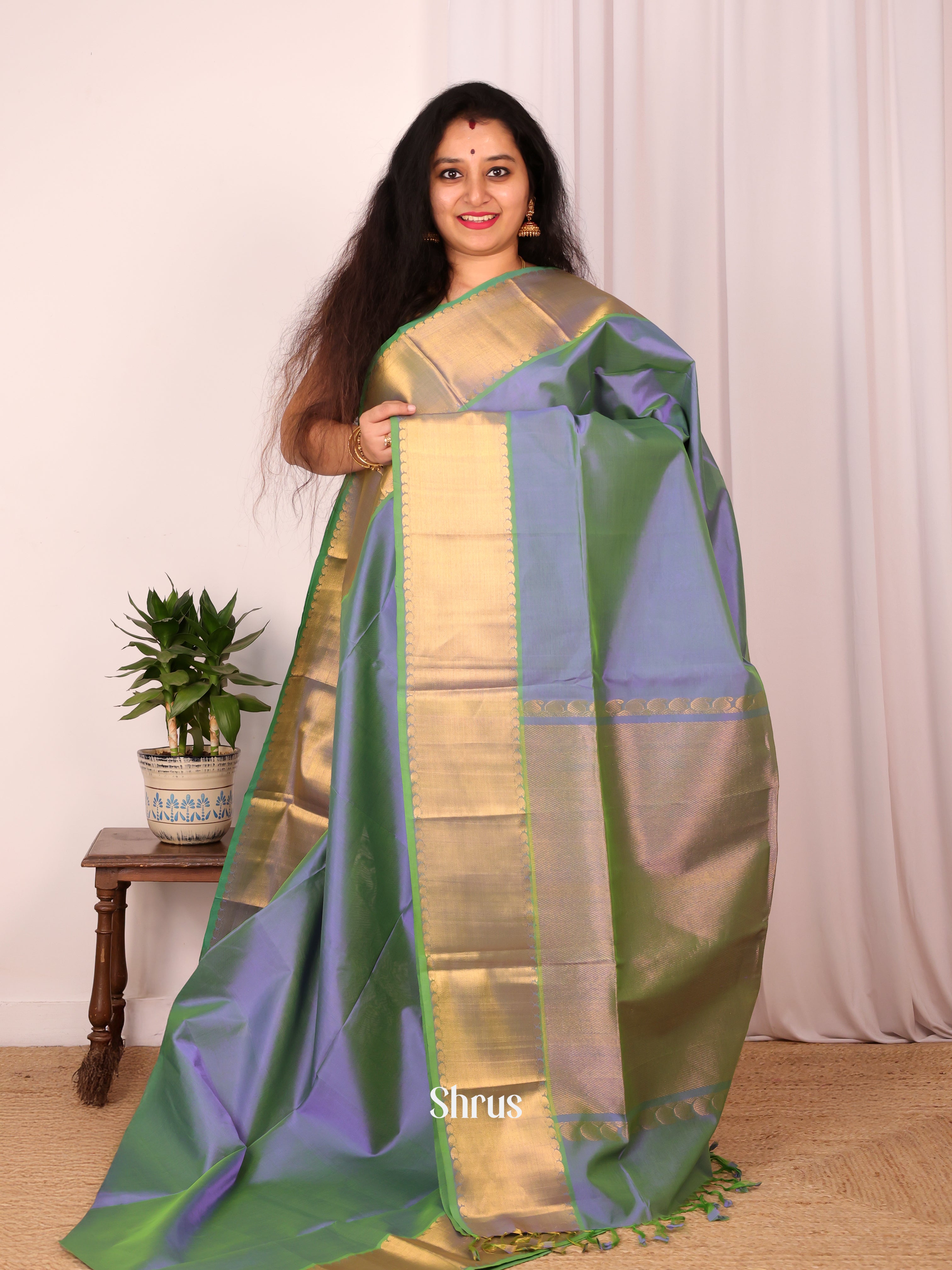 Double Shaded Purple & Green - Silk Cotton Saree - Shop on Shrus.com