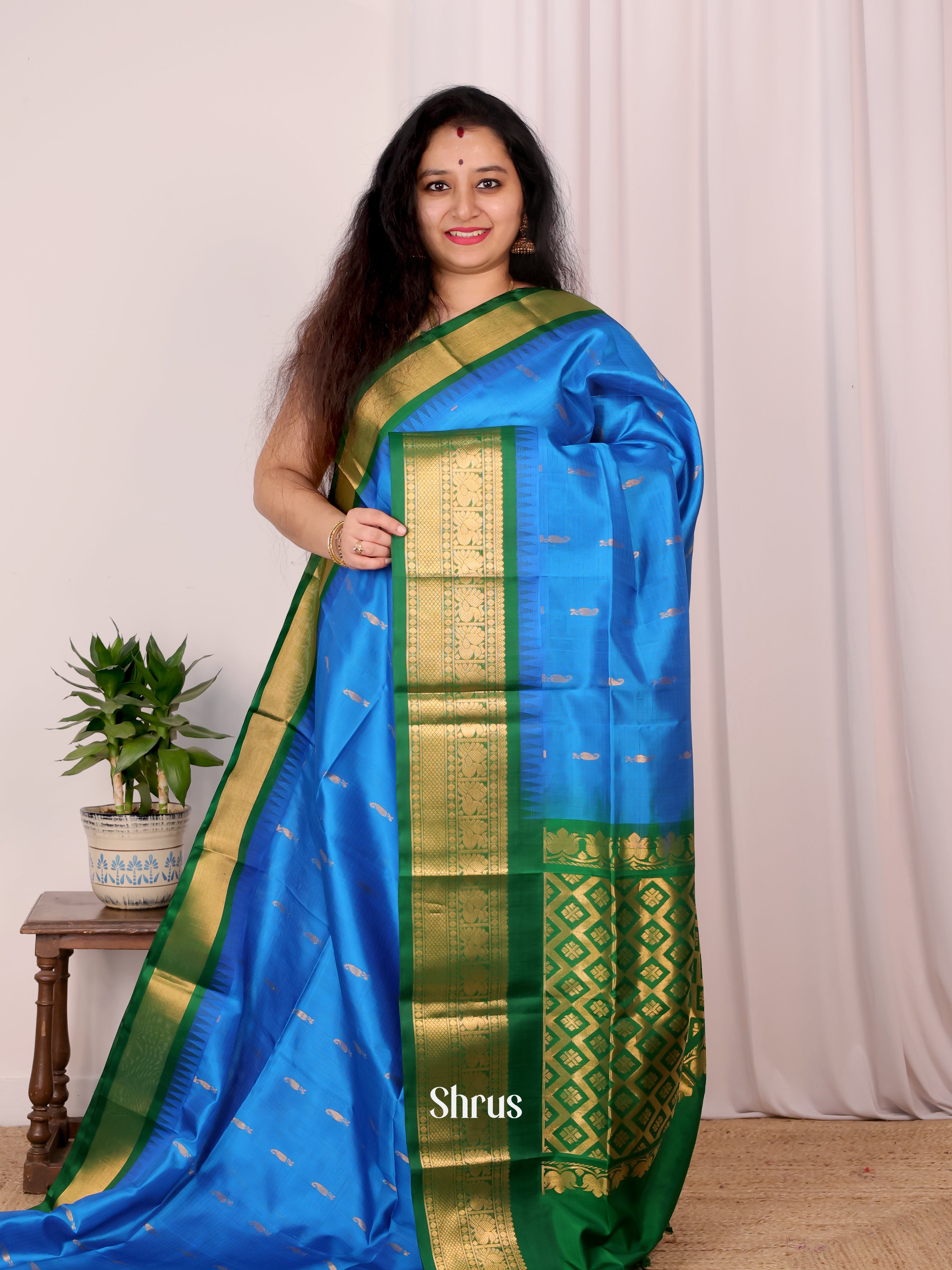 Blue & Green- Soft Silk Saree - Shop on Shrus.com