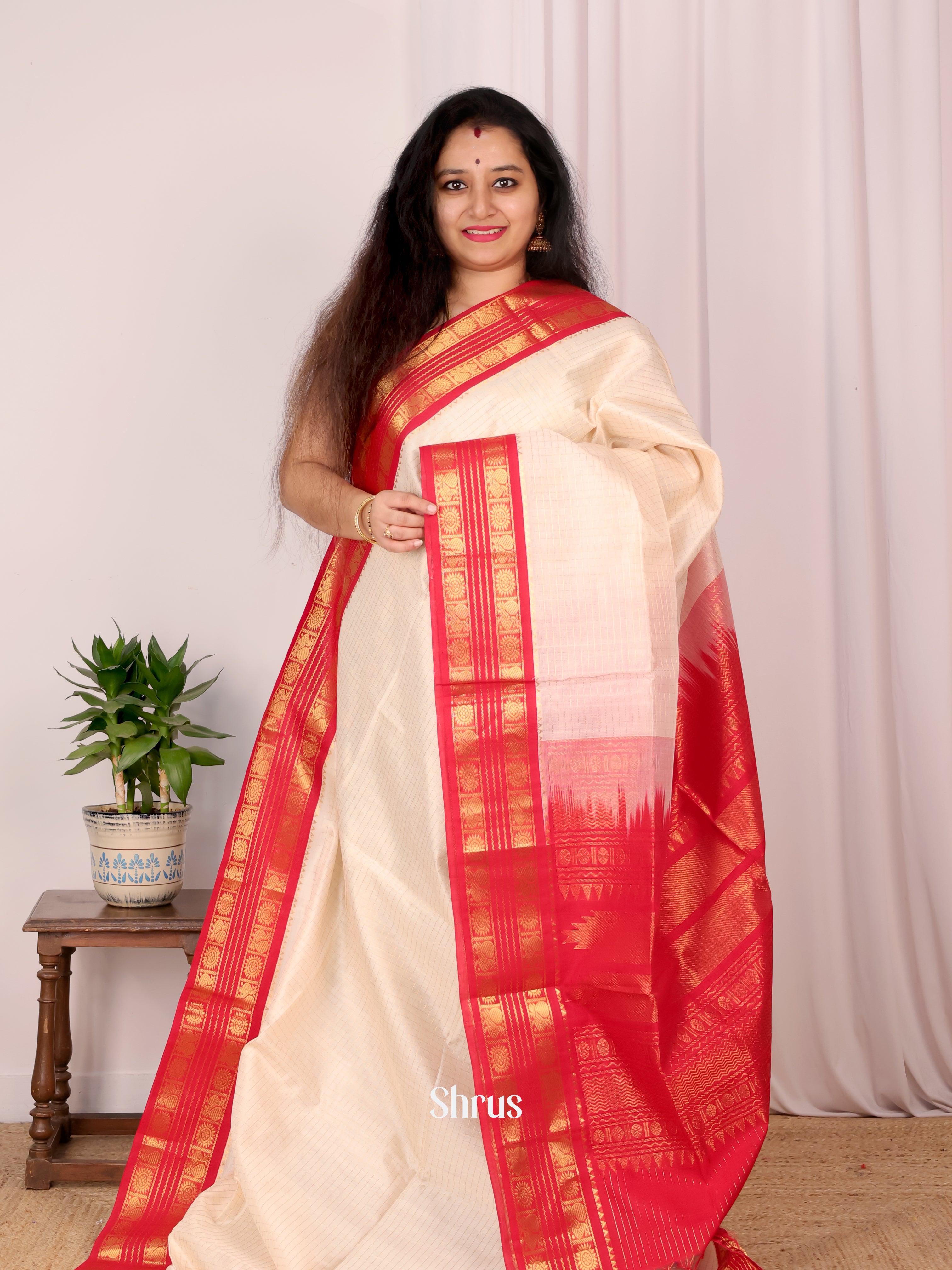 Cream & Red - Silk Cotton Saree - Shop on Shrus.com