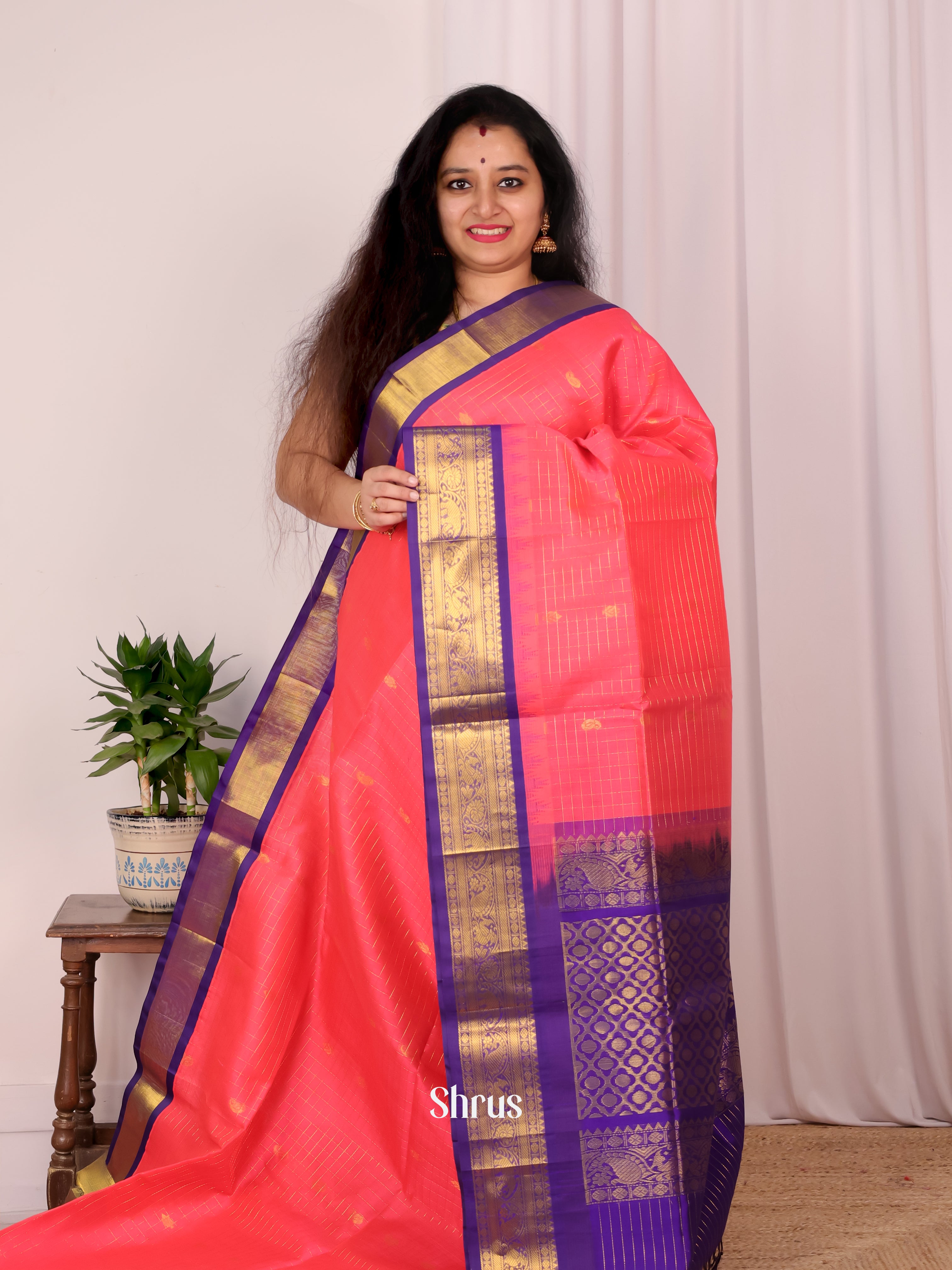 Breezy Pink Silk Cotton Saree With Zari Kattams(Checks) and Buttas Across The Body and Contrast Violet Colour Zari Border
