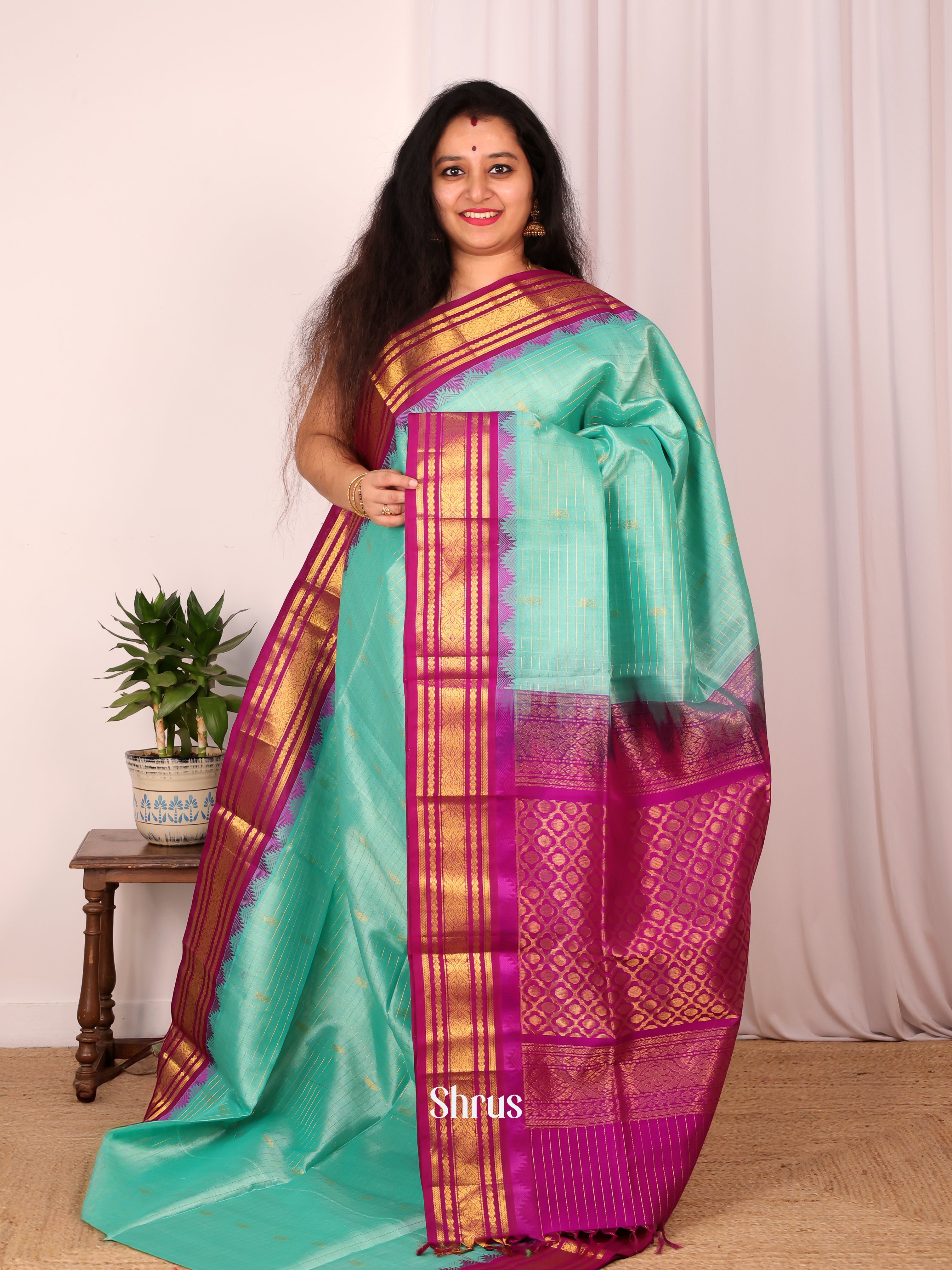 Teal Green & Majenta - Silk Cotton Saree - Shop on Shrus.com