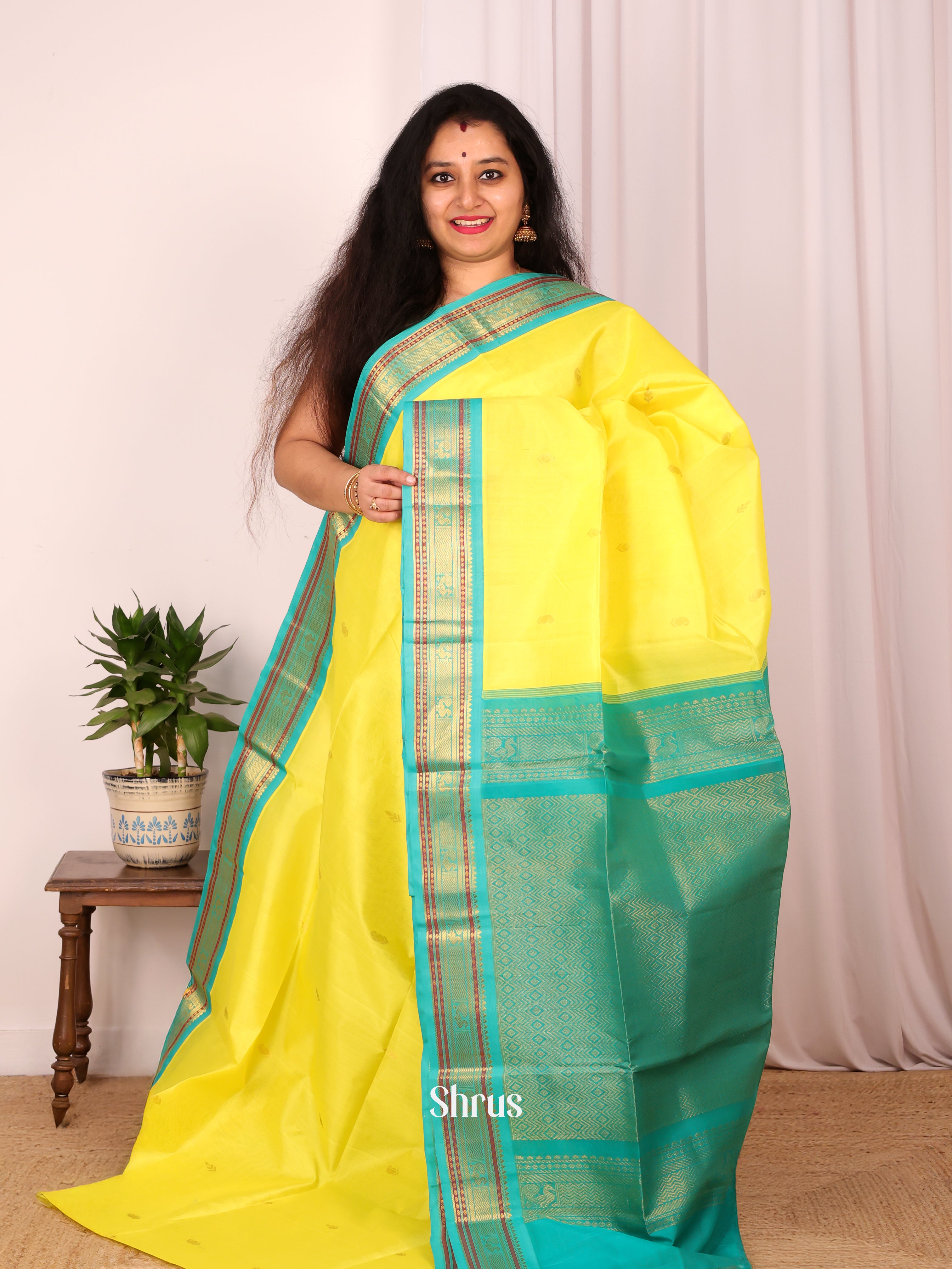 Yellow & Green - Silk Cotton Saree - Shop on Shrus.com