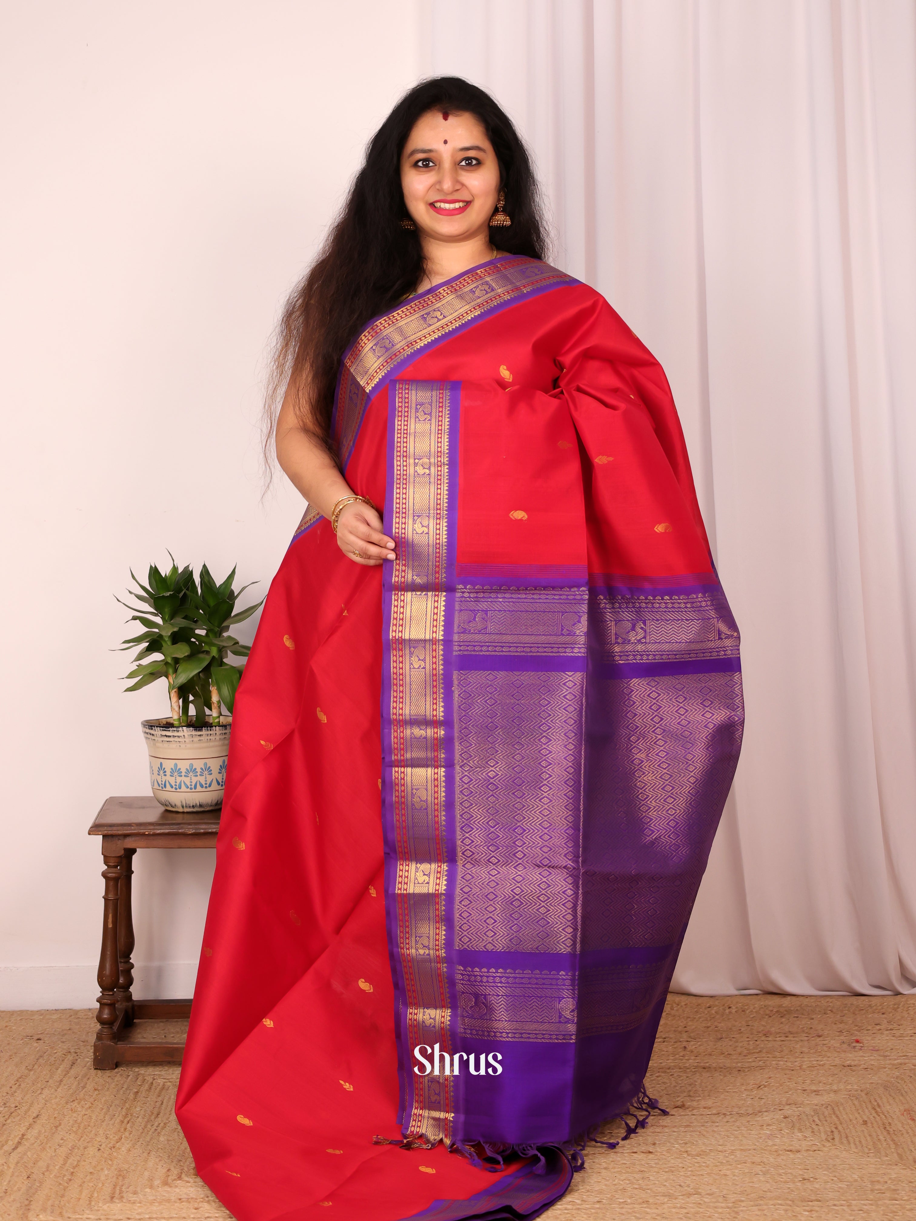 Red & Violet - Silk Cotton Saree - Shop on Shrus.com