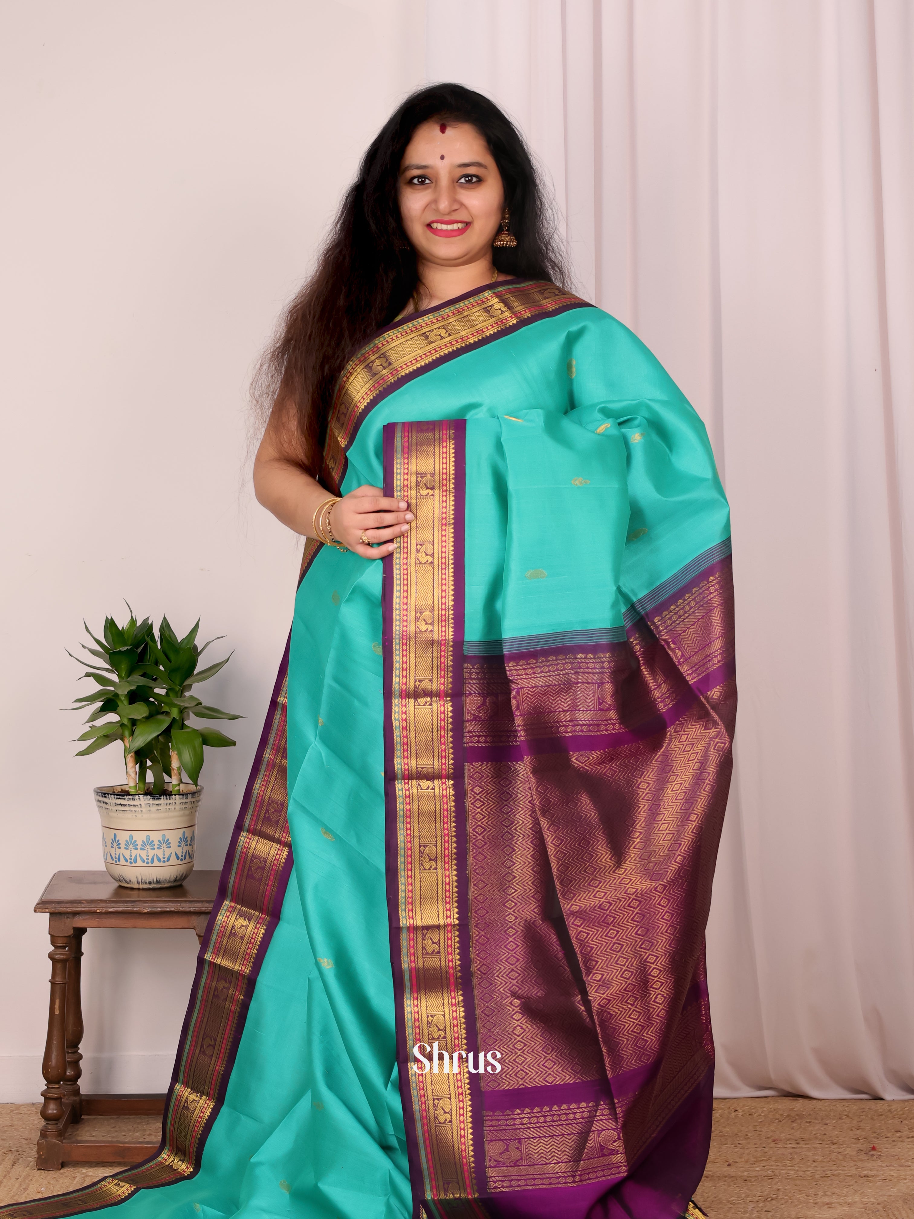 Blue & Purple - Silk Cotton Saree - Shop on Shrus.com