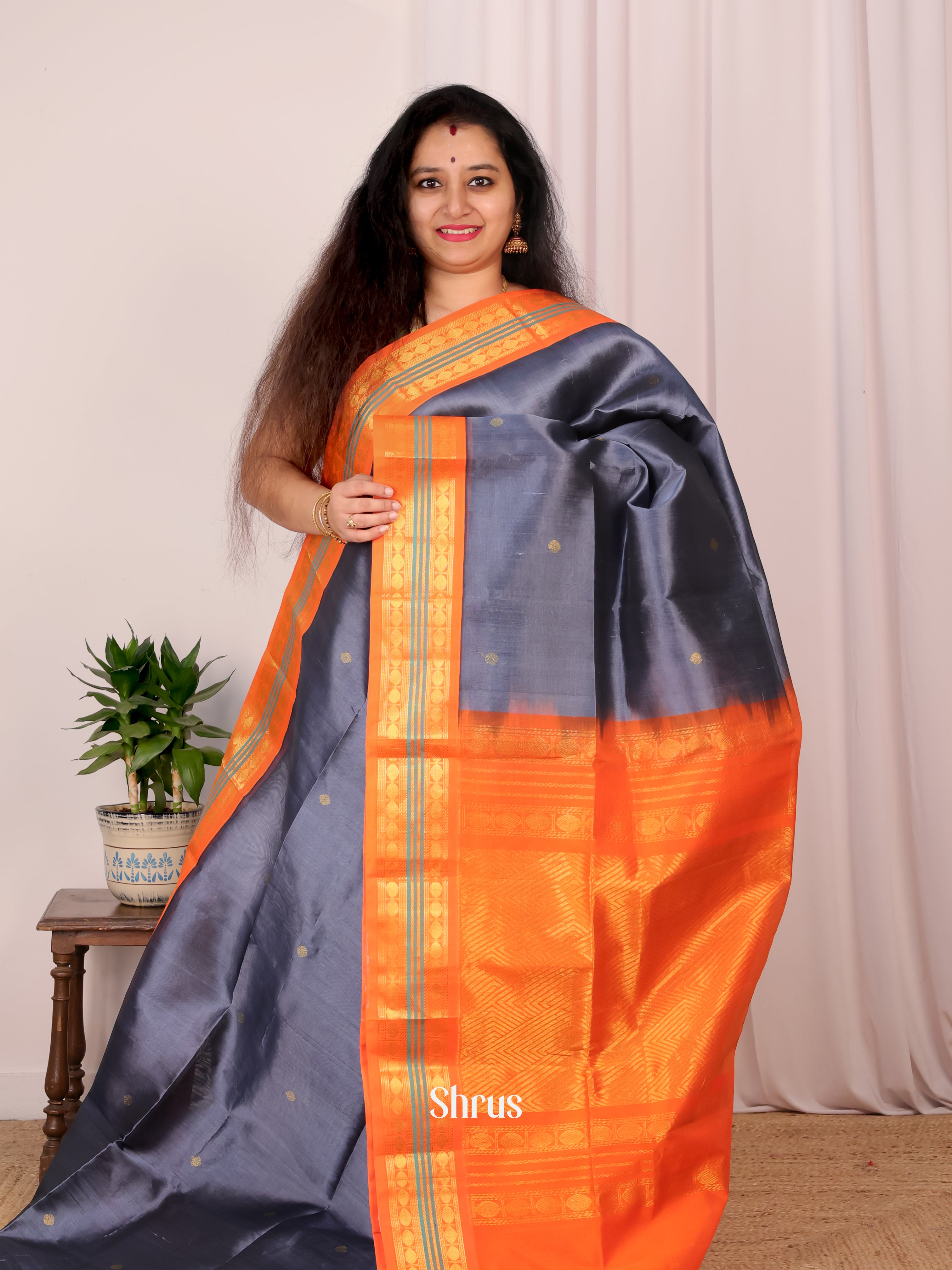 Grey & Orange - Silk Cotton Saree - Shop on Shrus.com