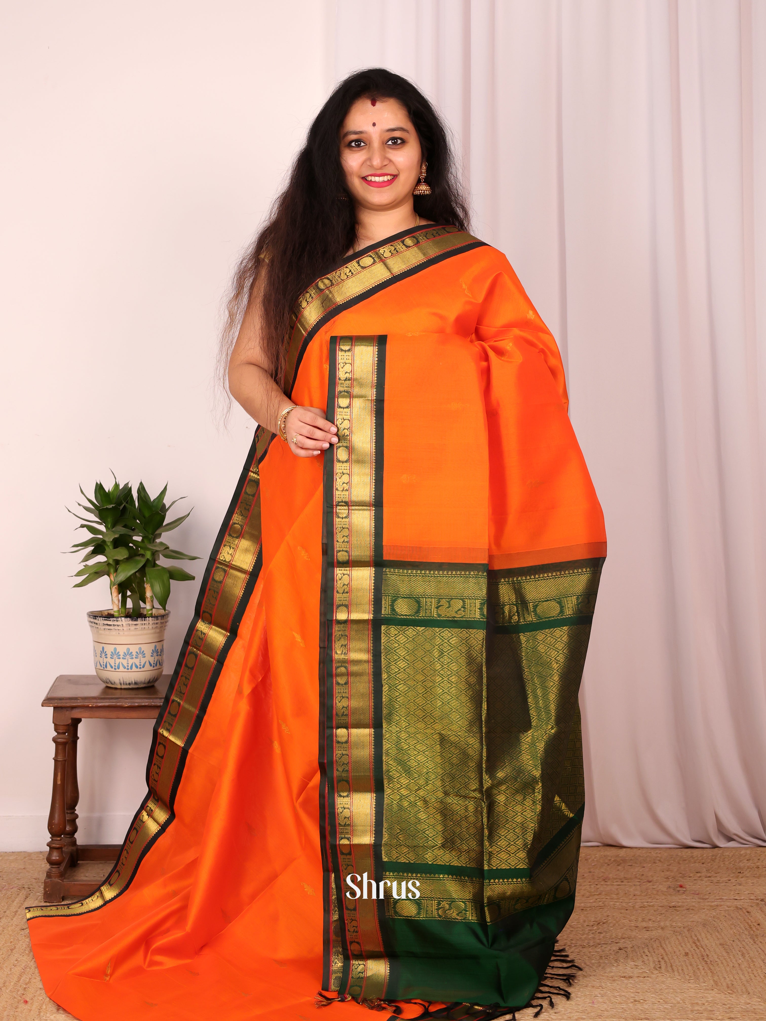 Orange & Green - Silk Cotton Saree - Shop on Shrus.com