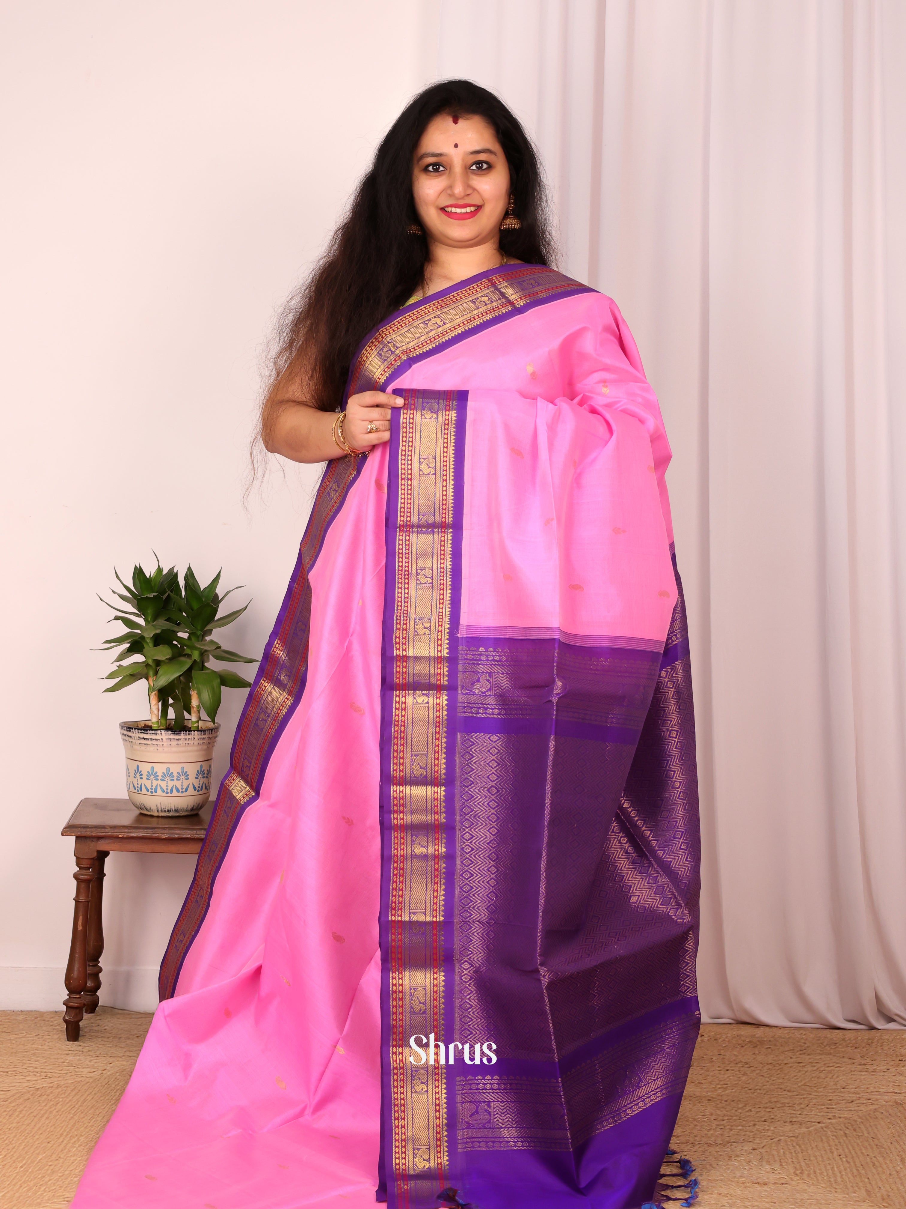 Pink & Purple - Silk Cotton Saree - Shop on Shrus.com