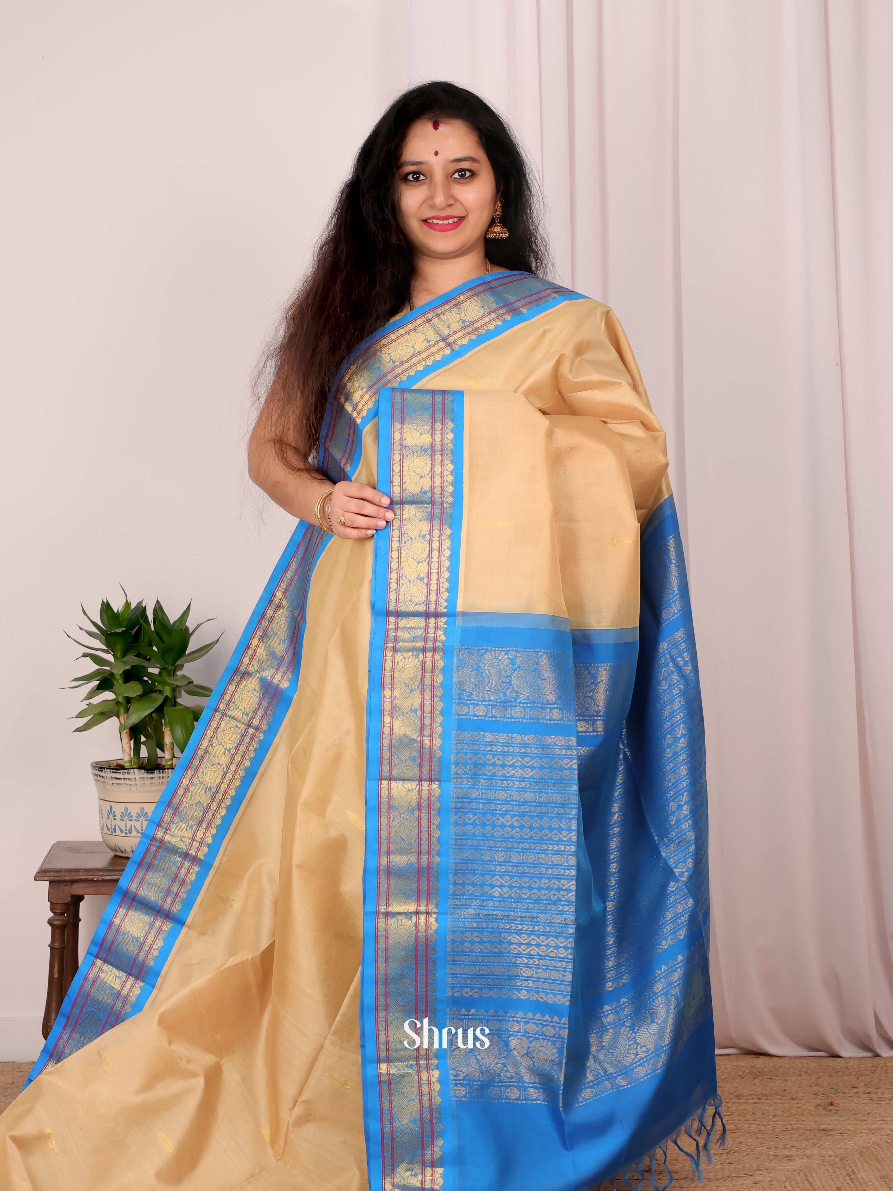 Peach & Blue- Silk Cotton Saree - Shop on Shrus.com