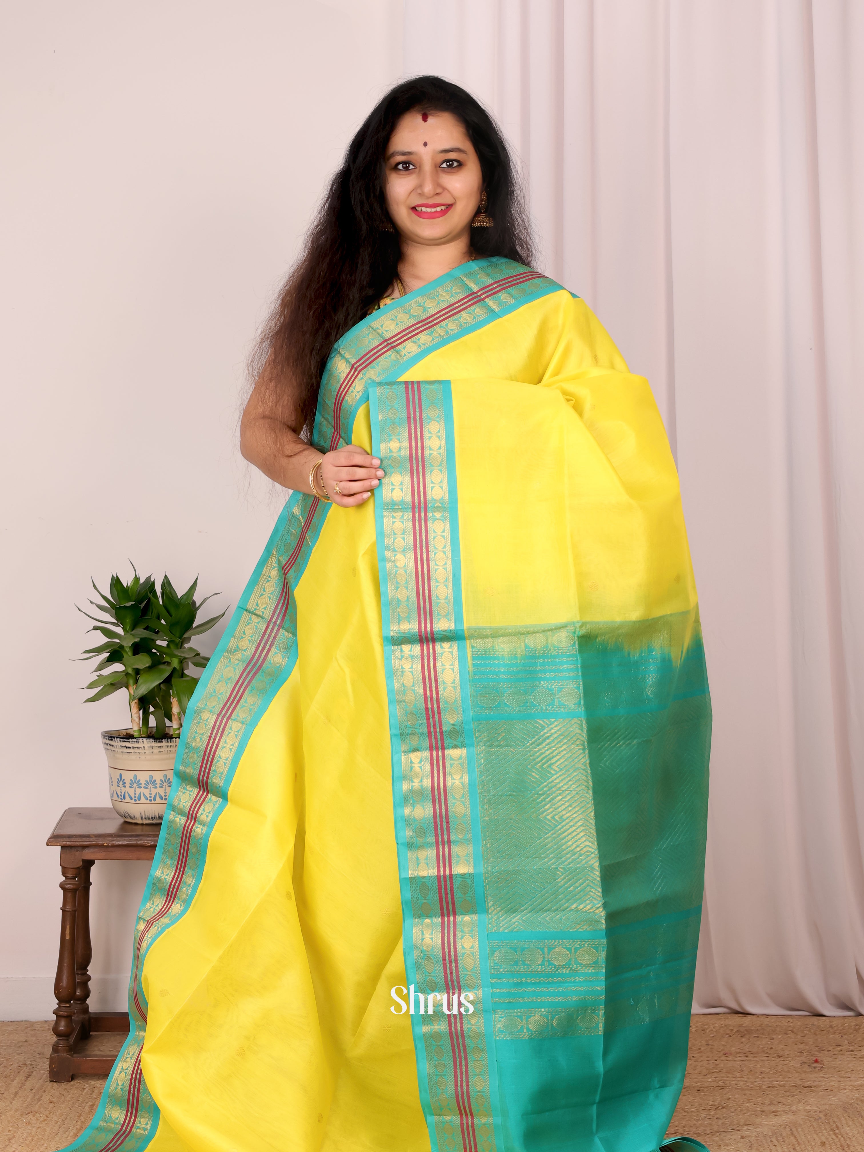 Lemon Yellow & Green- Silk Cotton Saree - Shop on Shrus.com