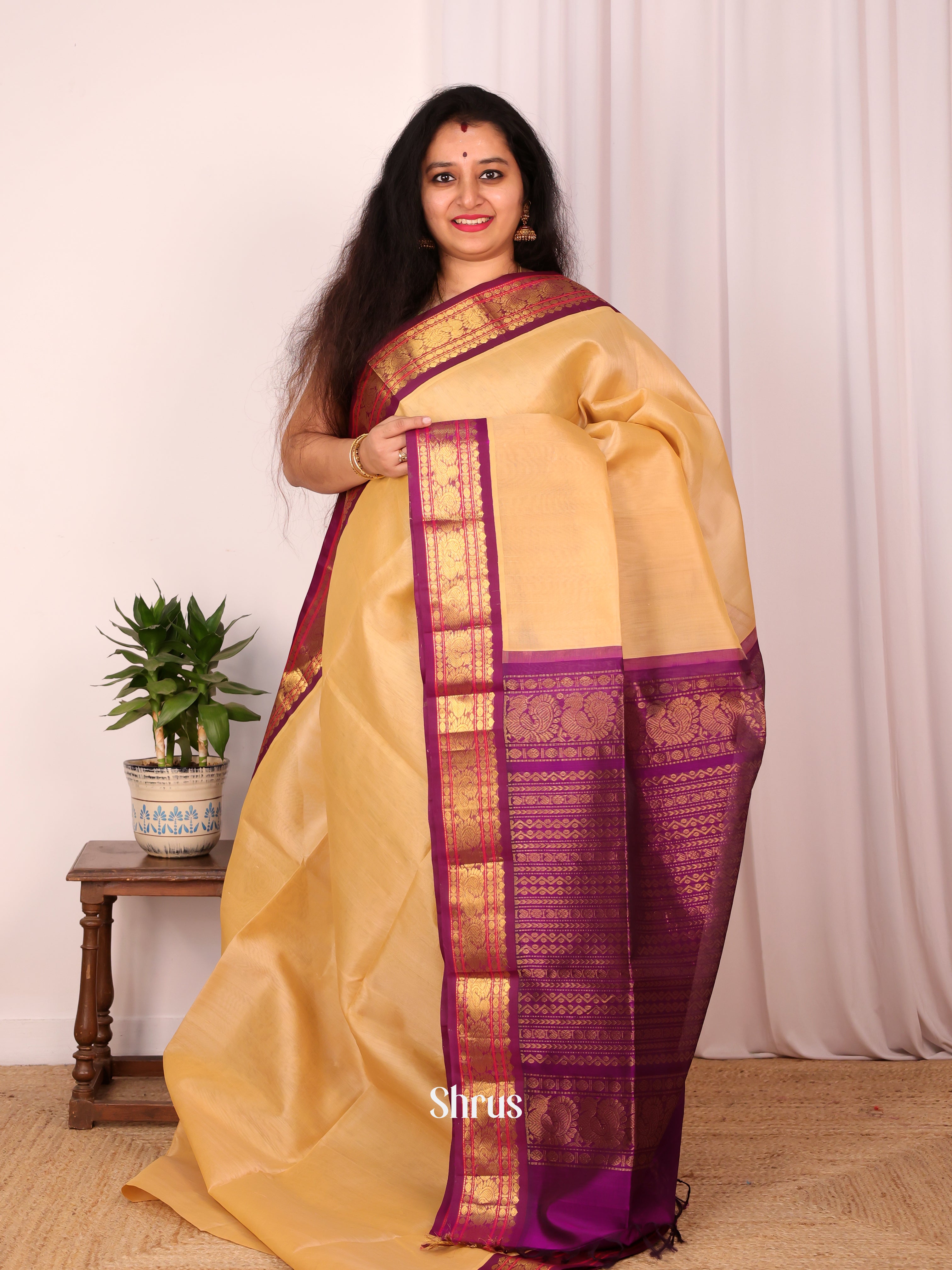 Beige & Violet - Silk Cotton Saree - Shop on Shrus.com