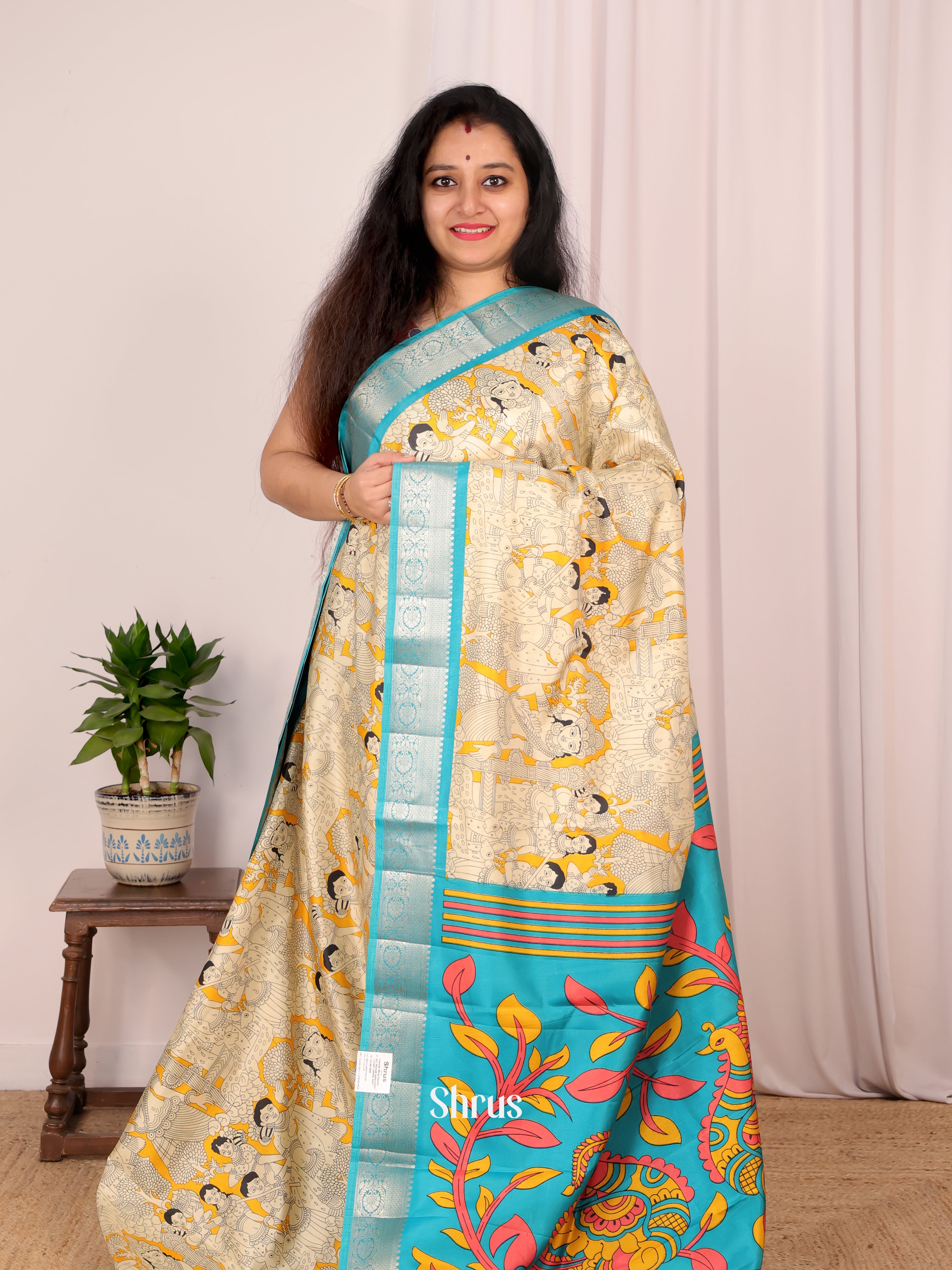 yellow & Blue - Semi Tussar Saree - Shop on Shrus.com
