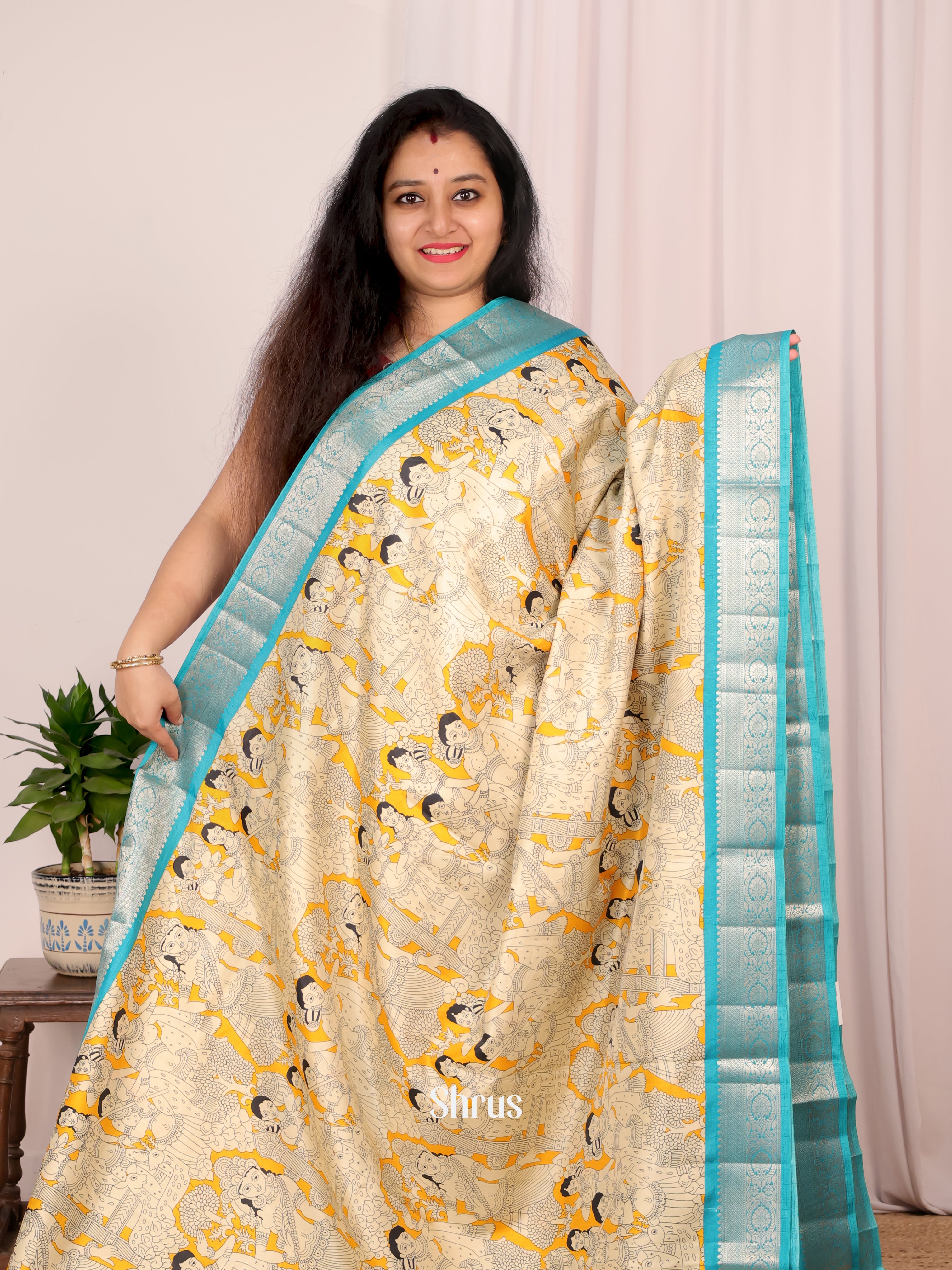yellow & Blue - Semi Tussar Saree - Shop on Shrus.com