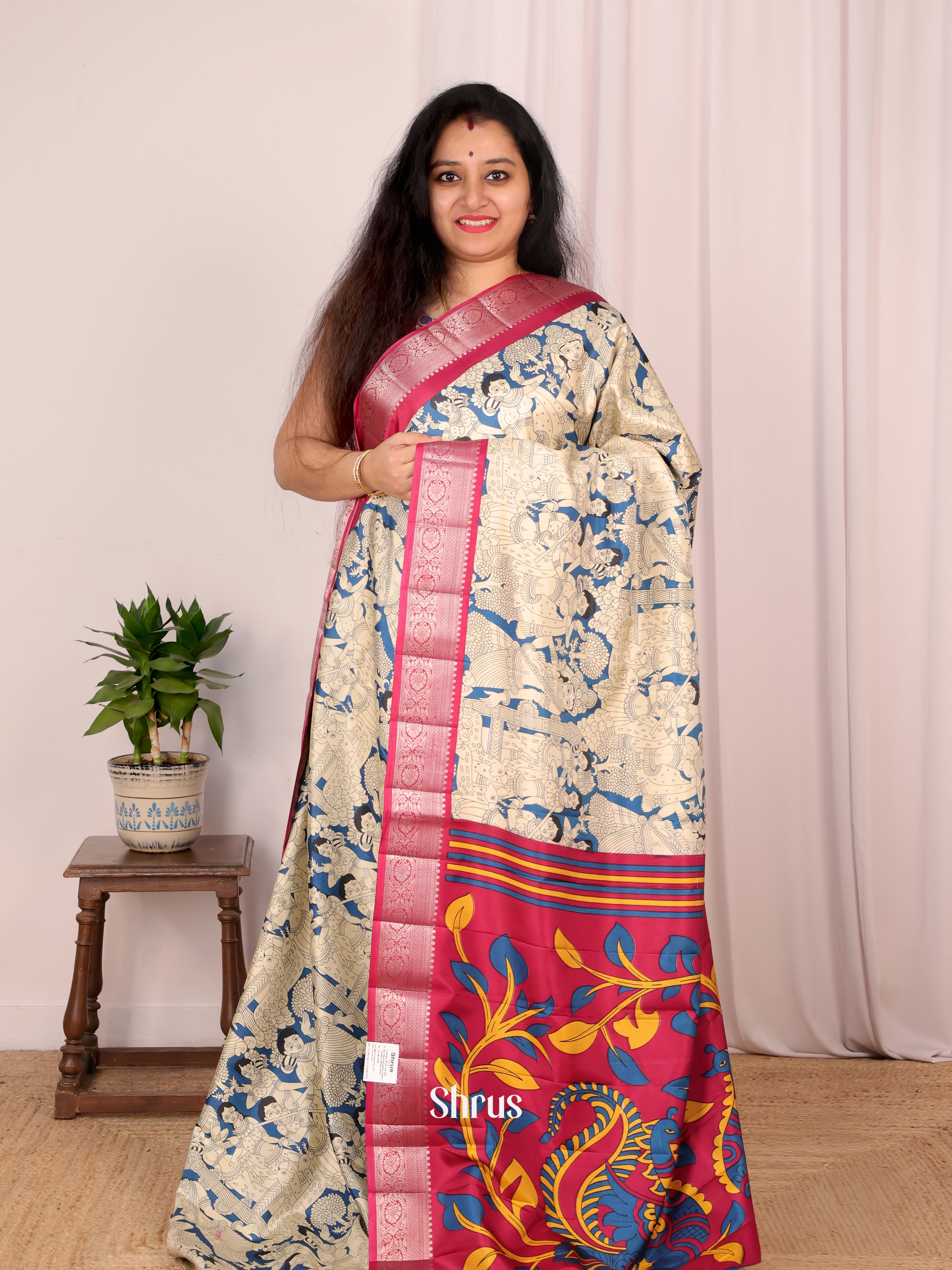 Blue & Dark Purple - Semi Tussar Saree - Shop on Shrus.com