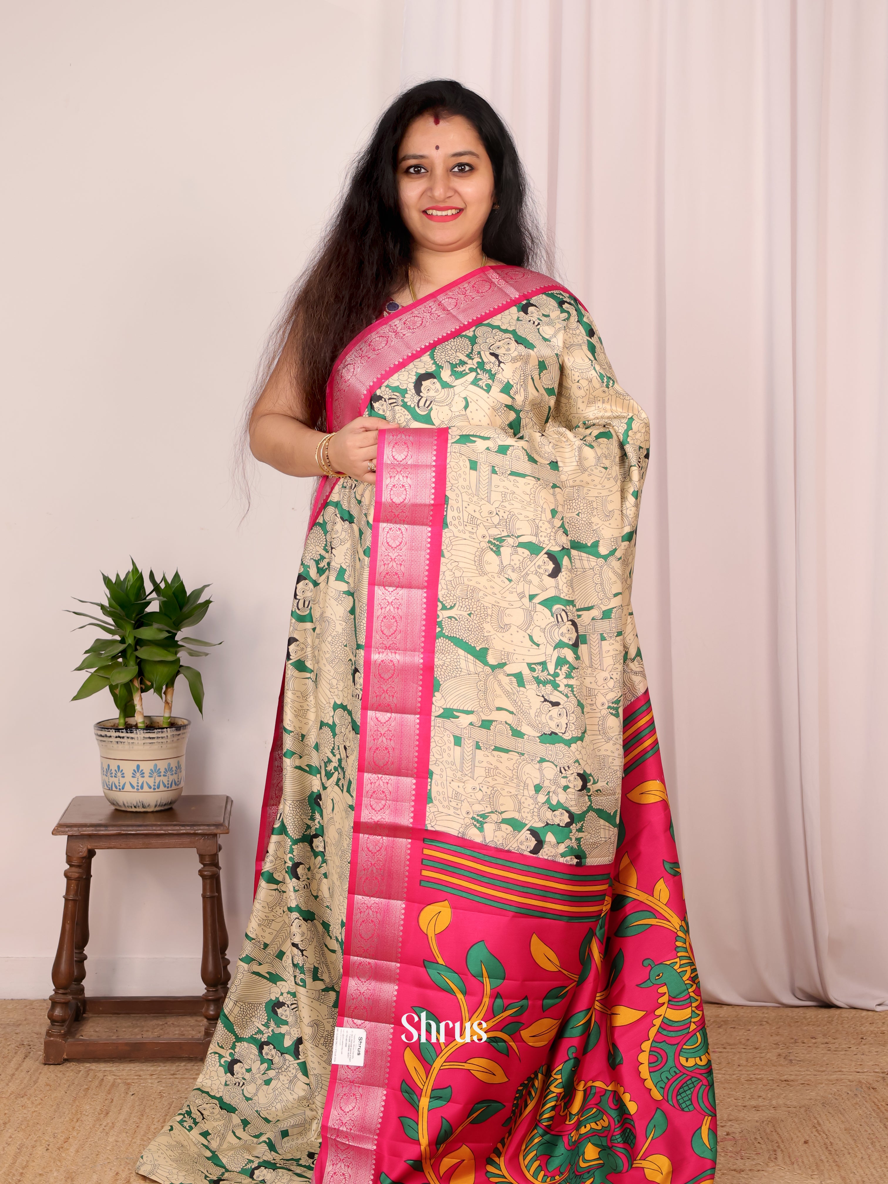 Bottle Green & Rani Pink - Semi Tussar Saree - Shop on Shrus.com
