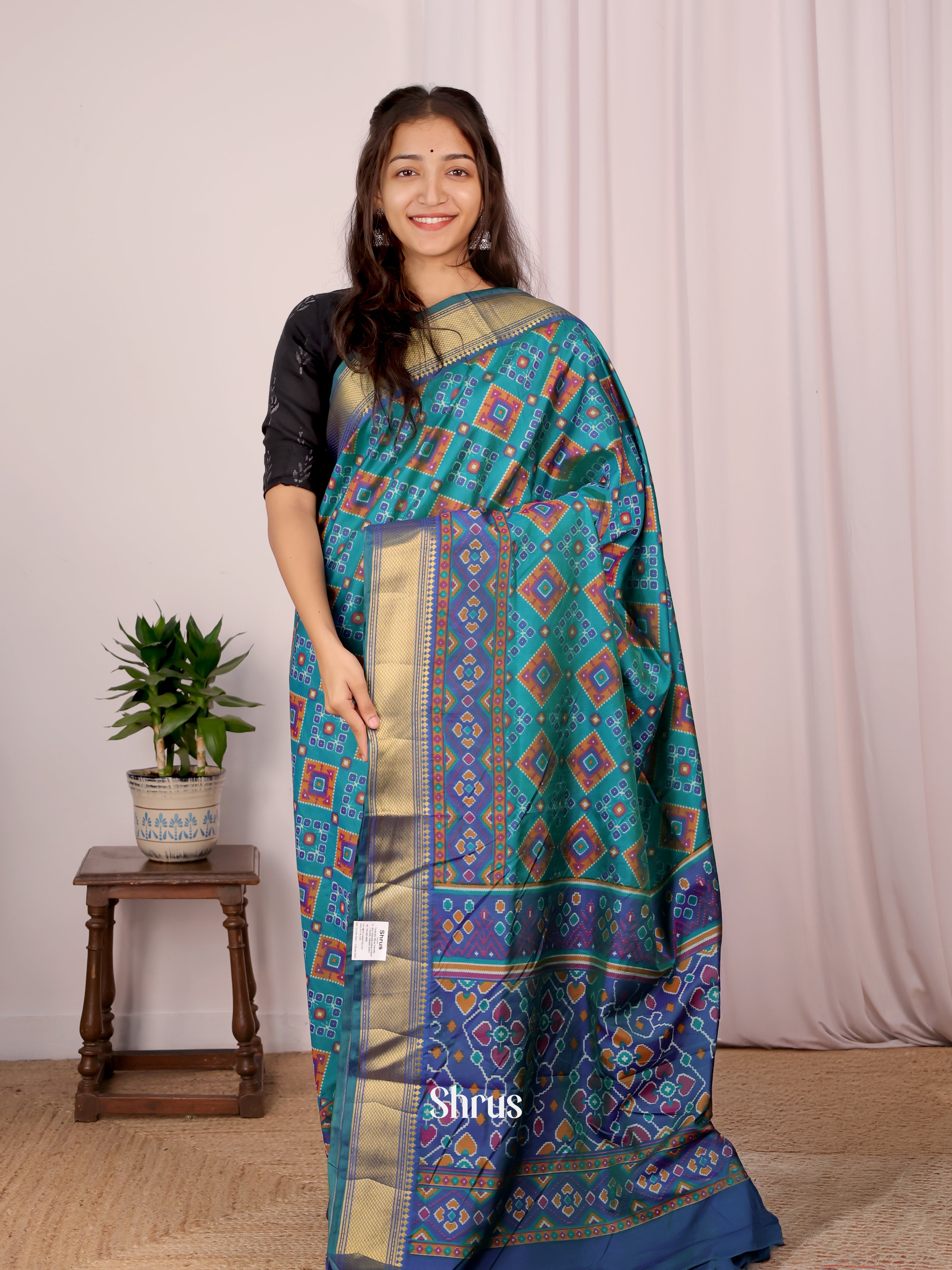 Teal & Blue - Semi Patola Saree - Shop on Shrus.com