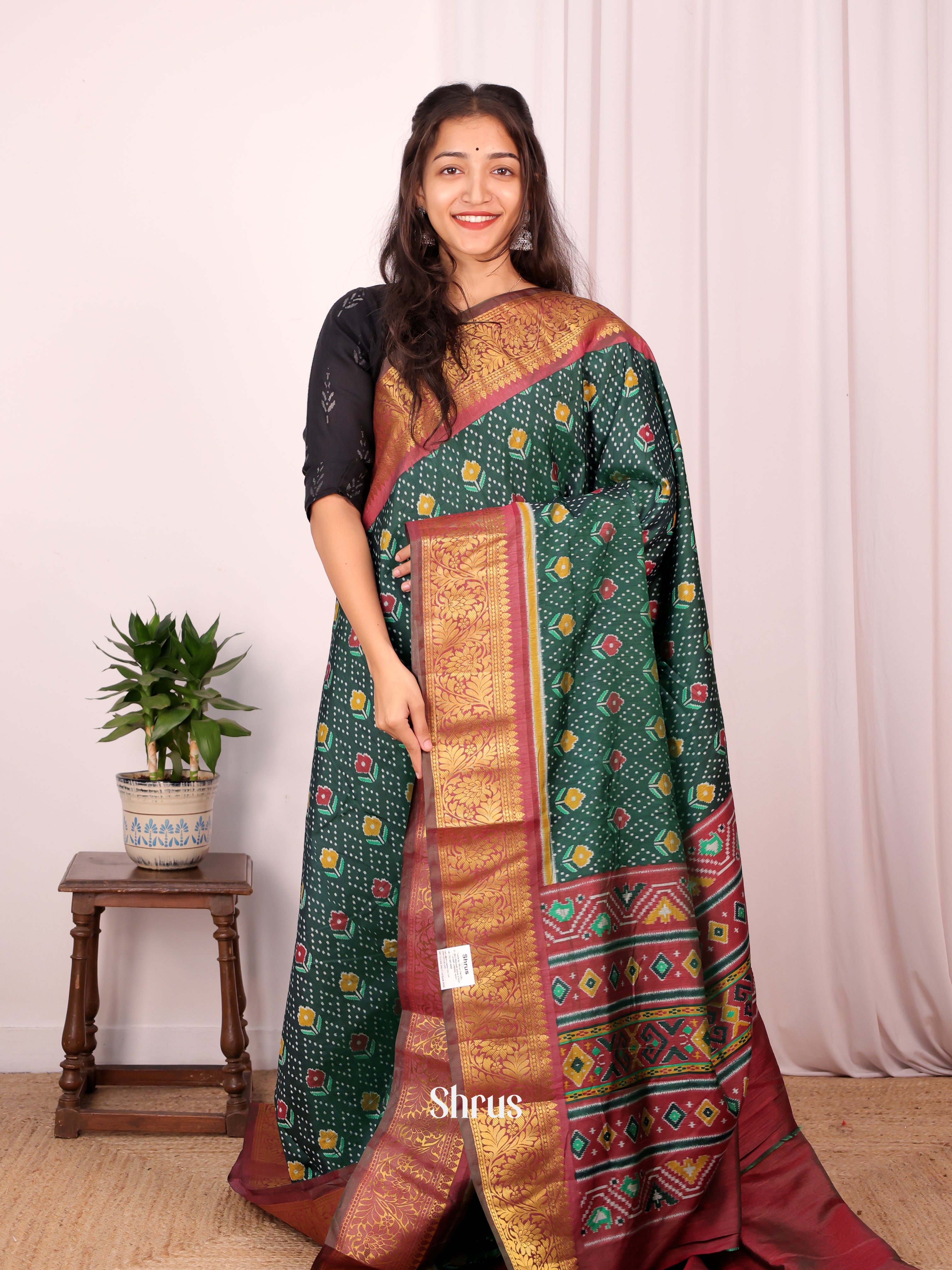 Green & Brown - Semi Patola Saree - Shop on Shrus.com