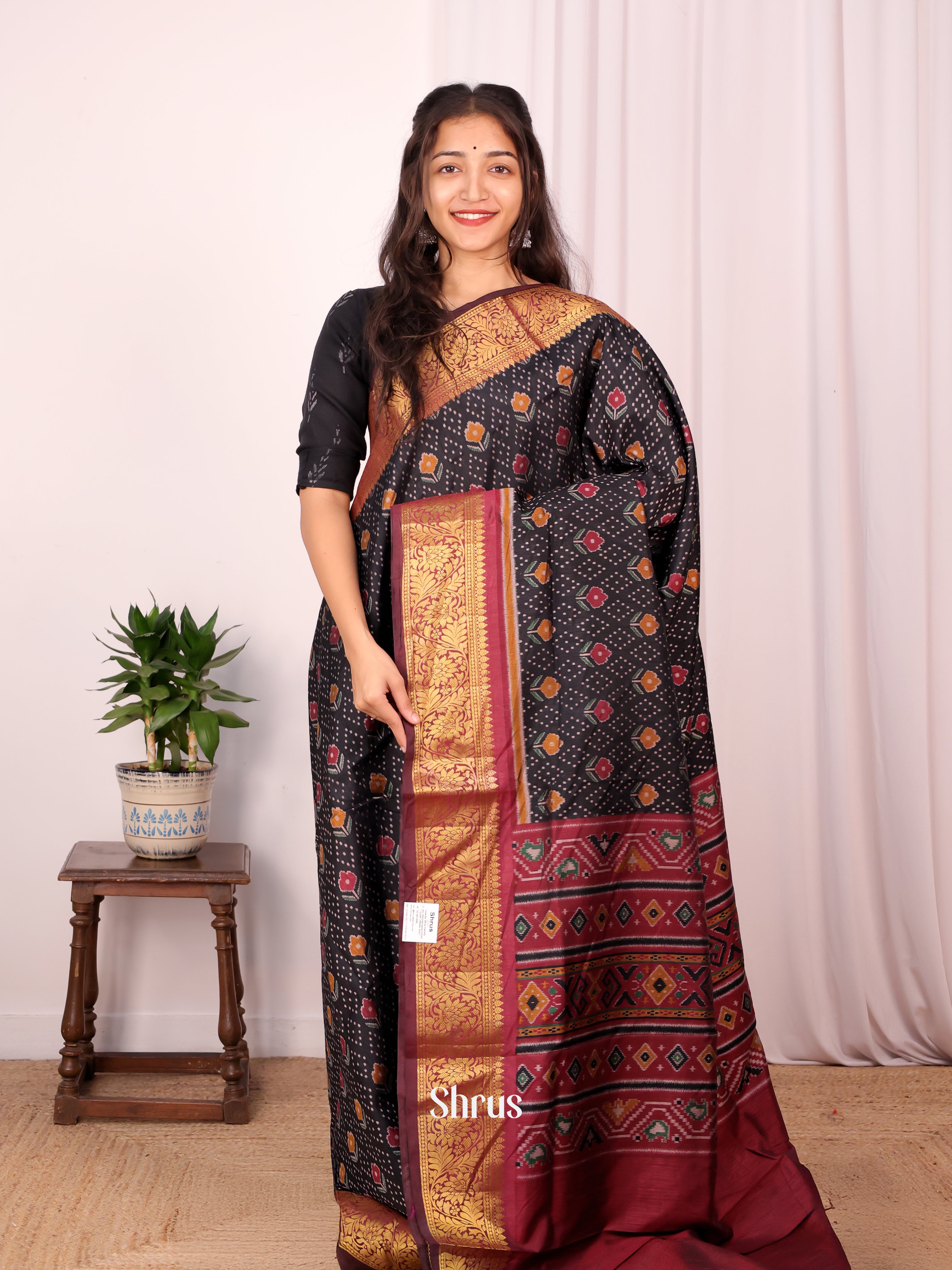 Black & Maroon - Semi Patola Saree - Shop on Shrus.com