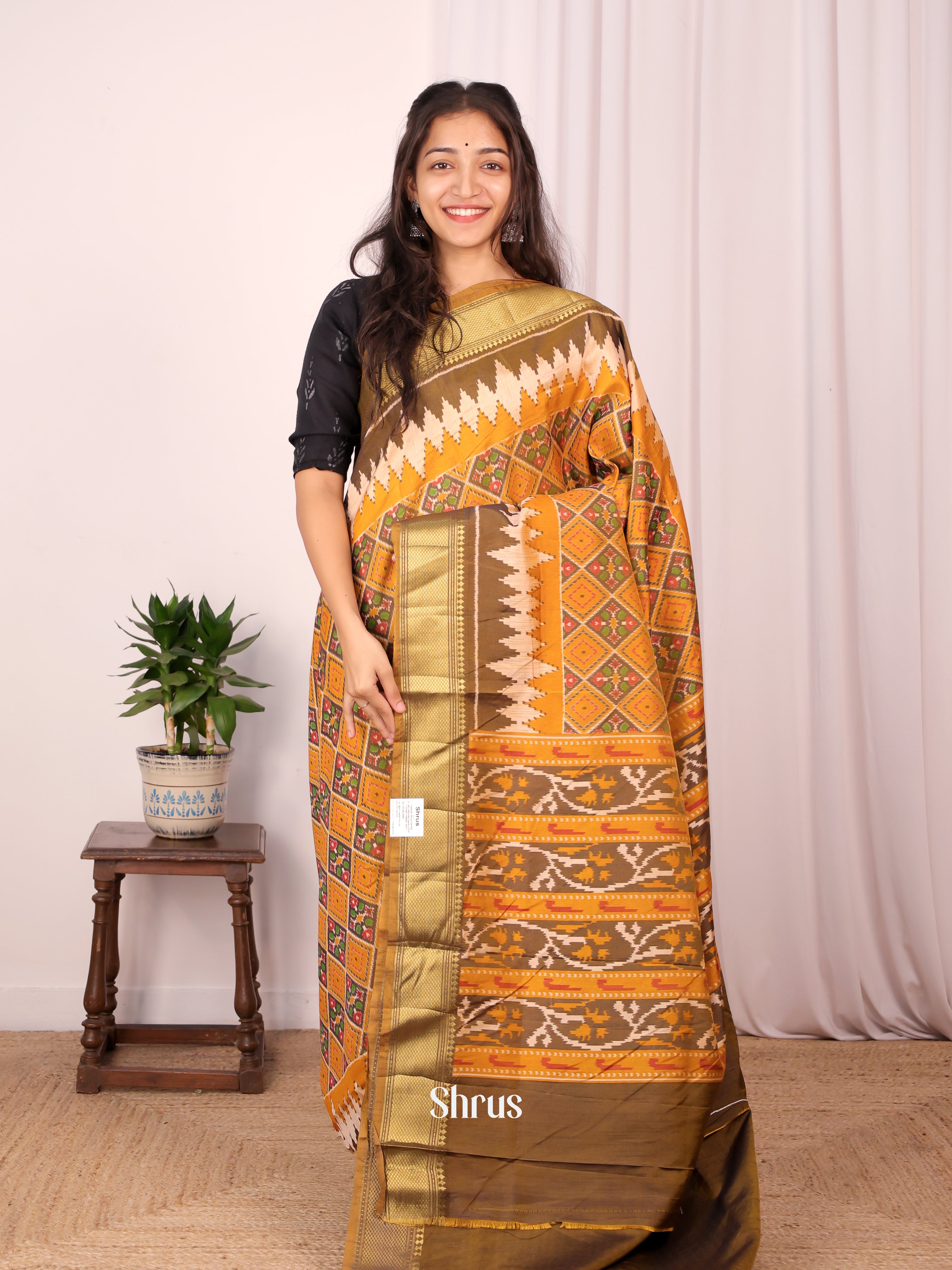 Mustard & Army Green- Semi Patola Saree - Shop on Shrus.com