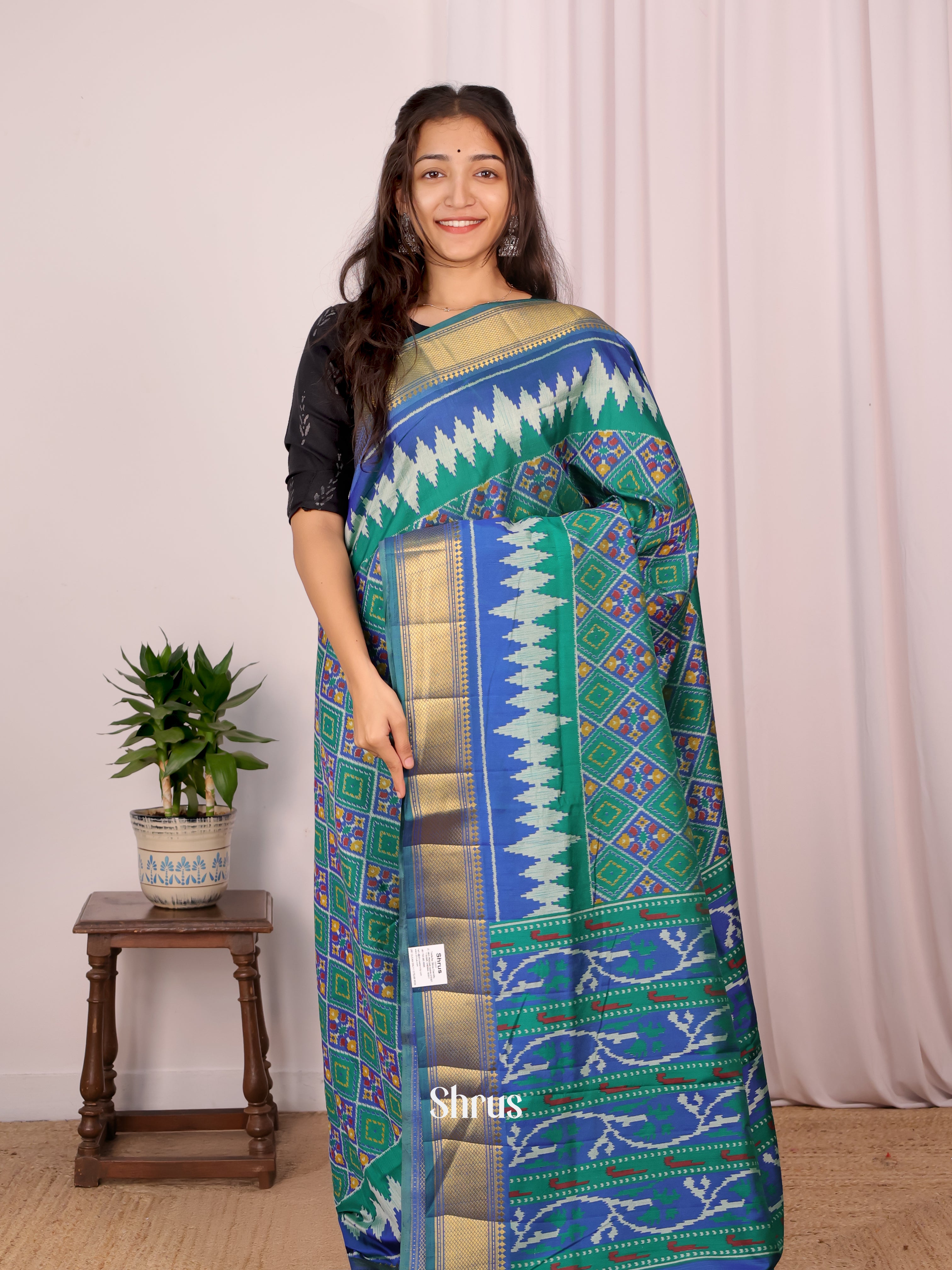 Green & Blue - Semi Patola Saree - Shop on Shrus.com