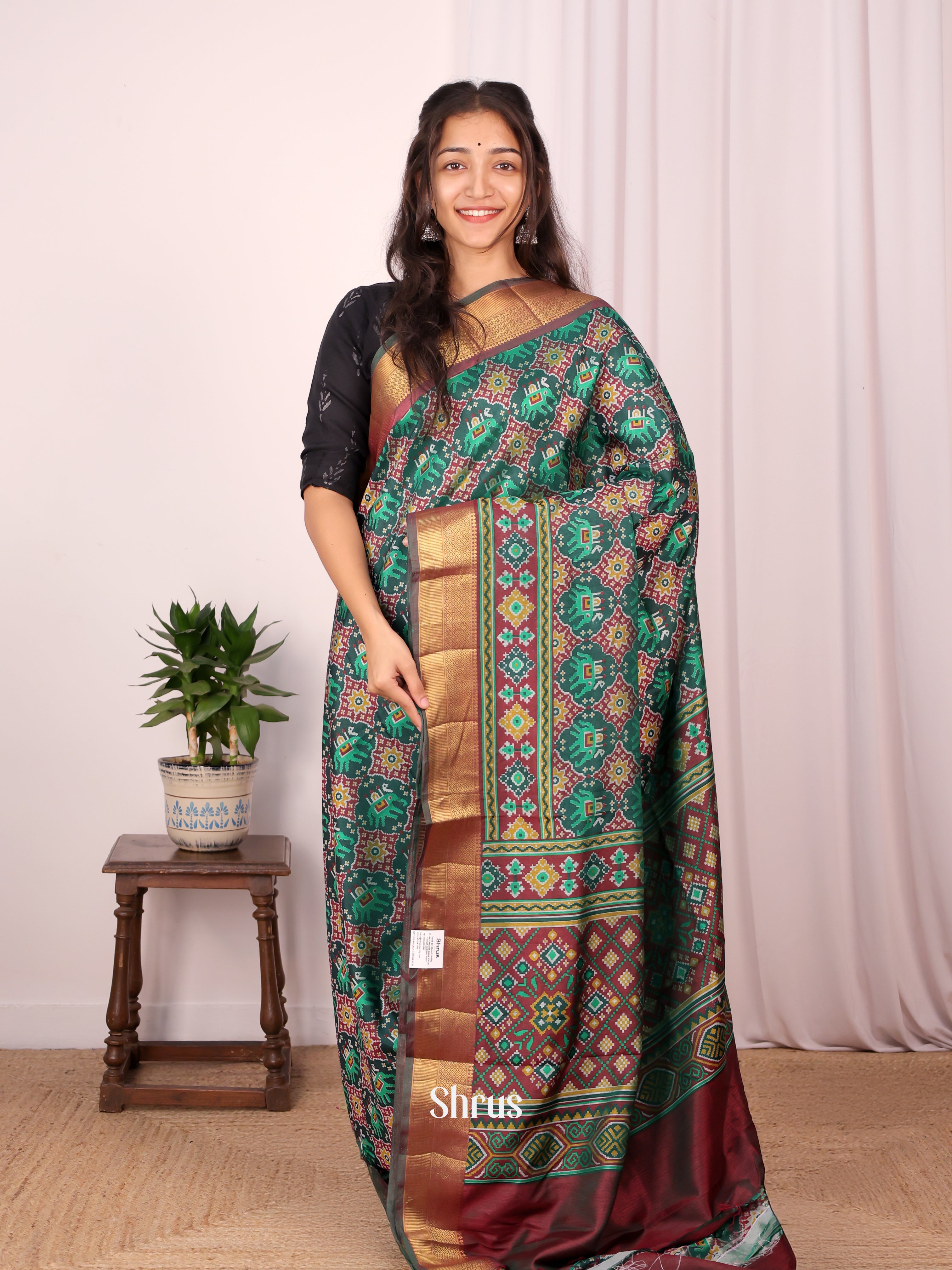 Green & Brown - Semi Patola Saree - Shop on Shrus.com