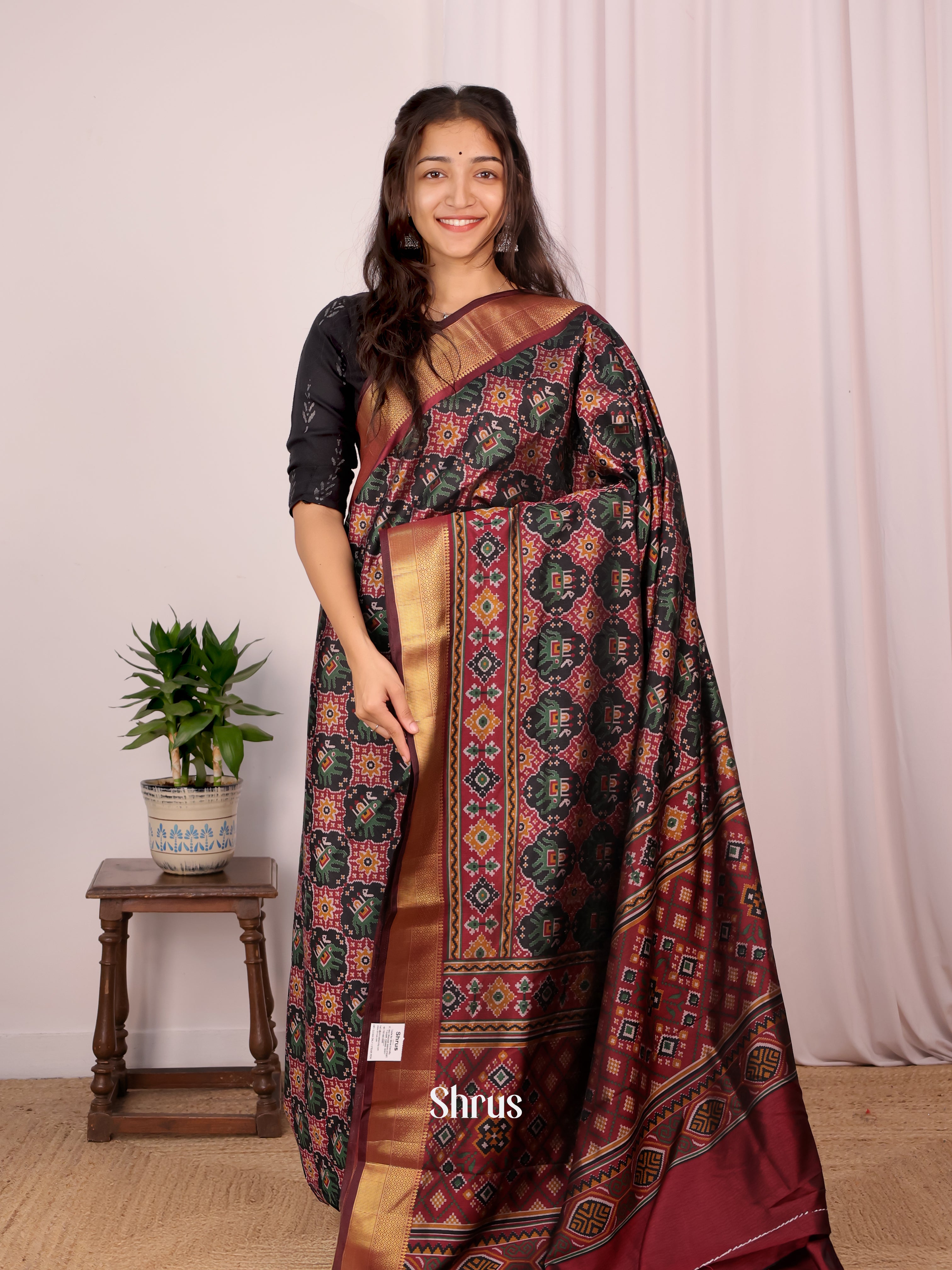 Black & Maroon- Semi Patola Saree - Shop on Shrus.com