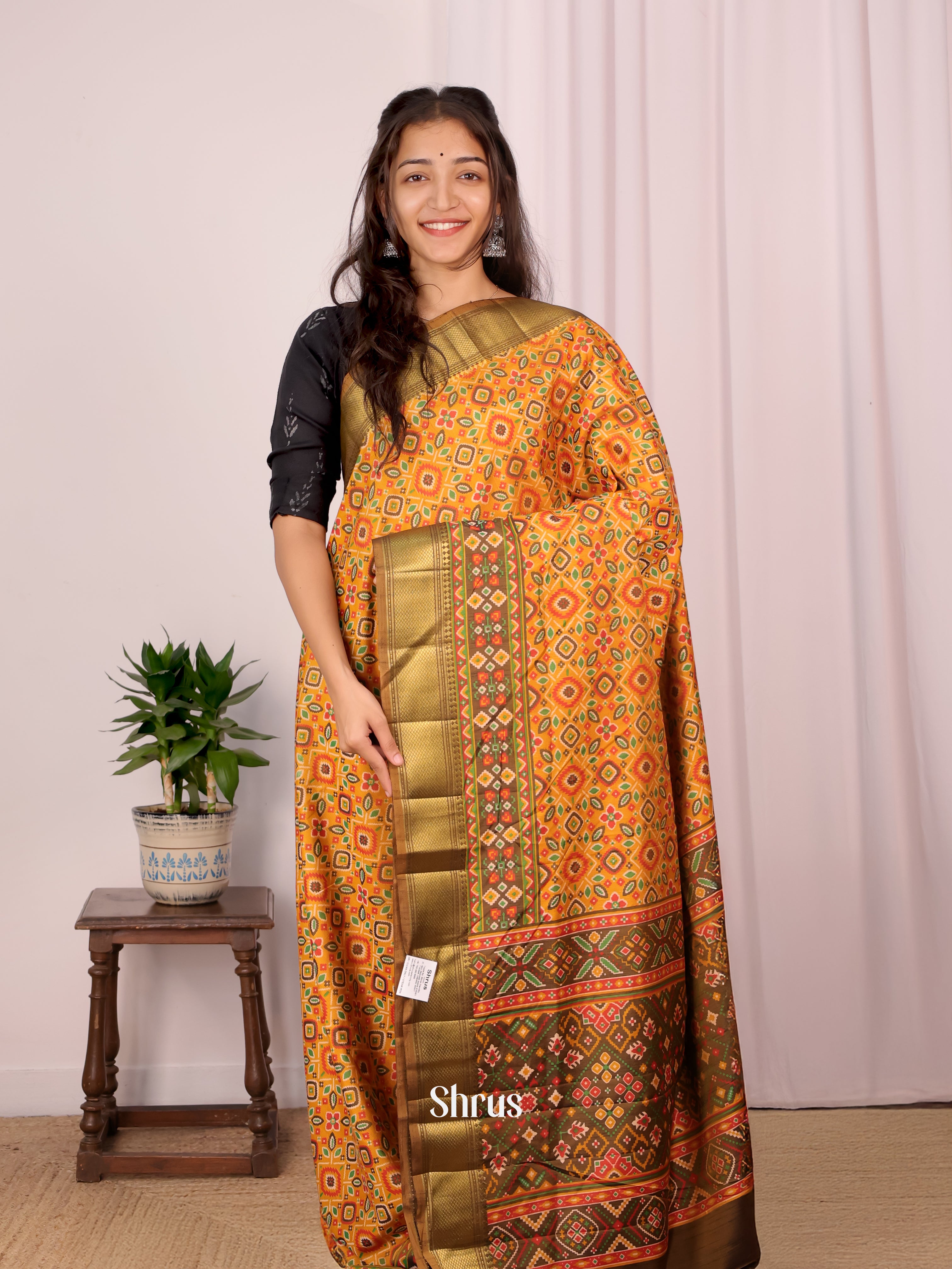 Mustard & Army Green - Semi Patola Saree - Shop on Shrus.com