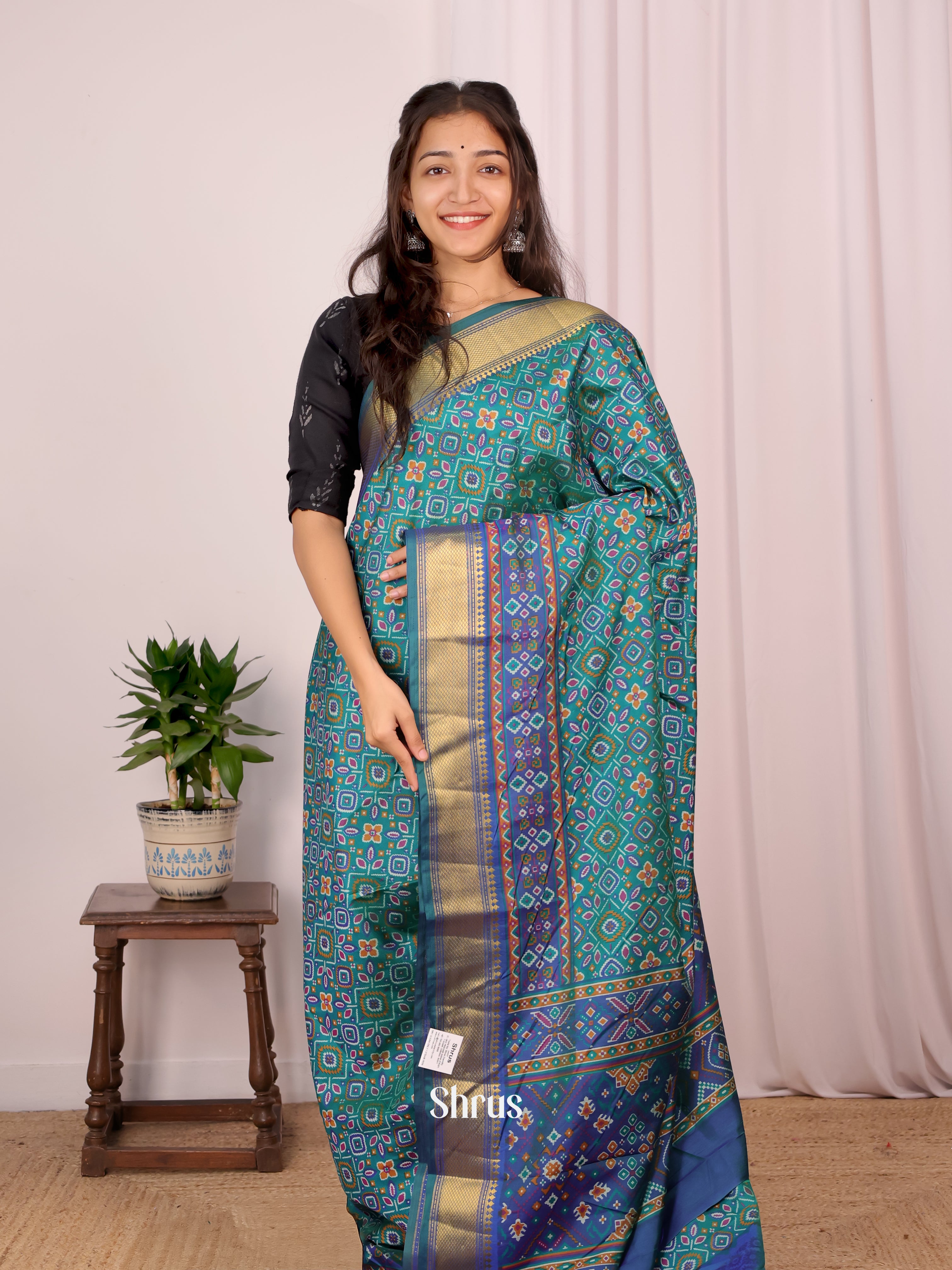 Green & Blue - Semi Patola Saree - Shop on Shrus.com