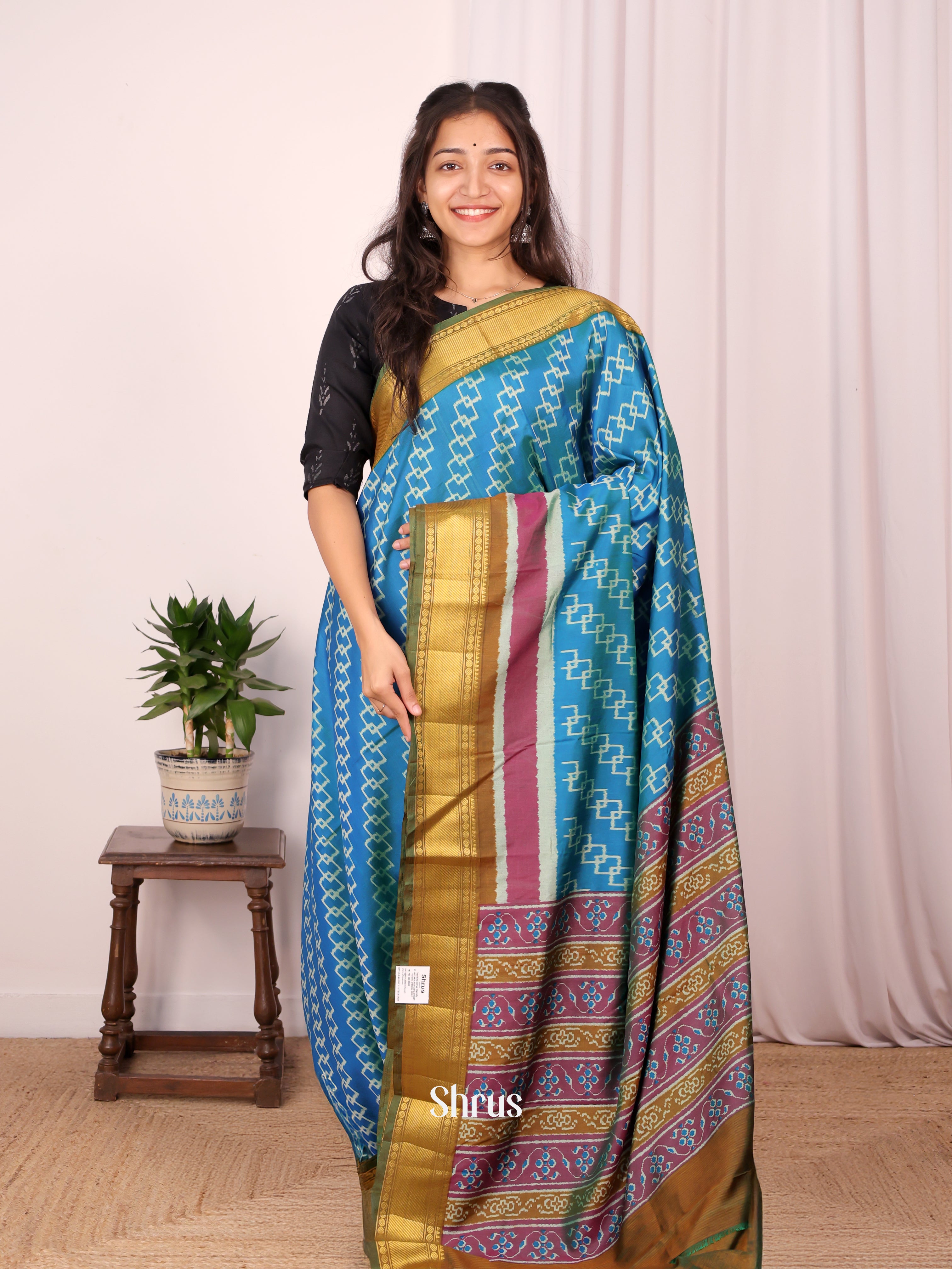 Blue & Green- Semi Patola Saree - Shop on Shrus.com