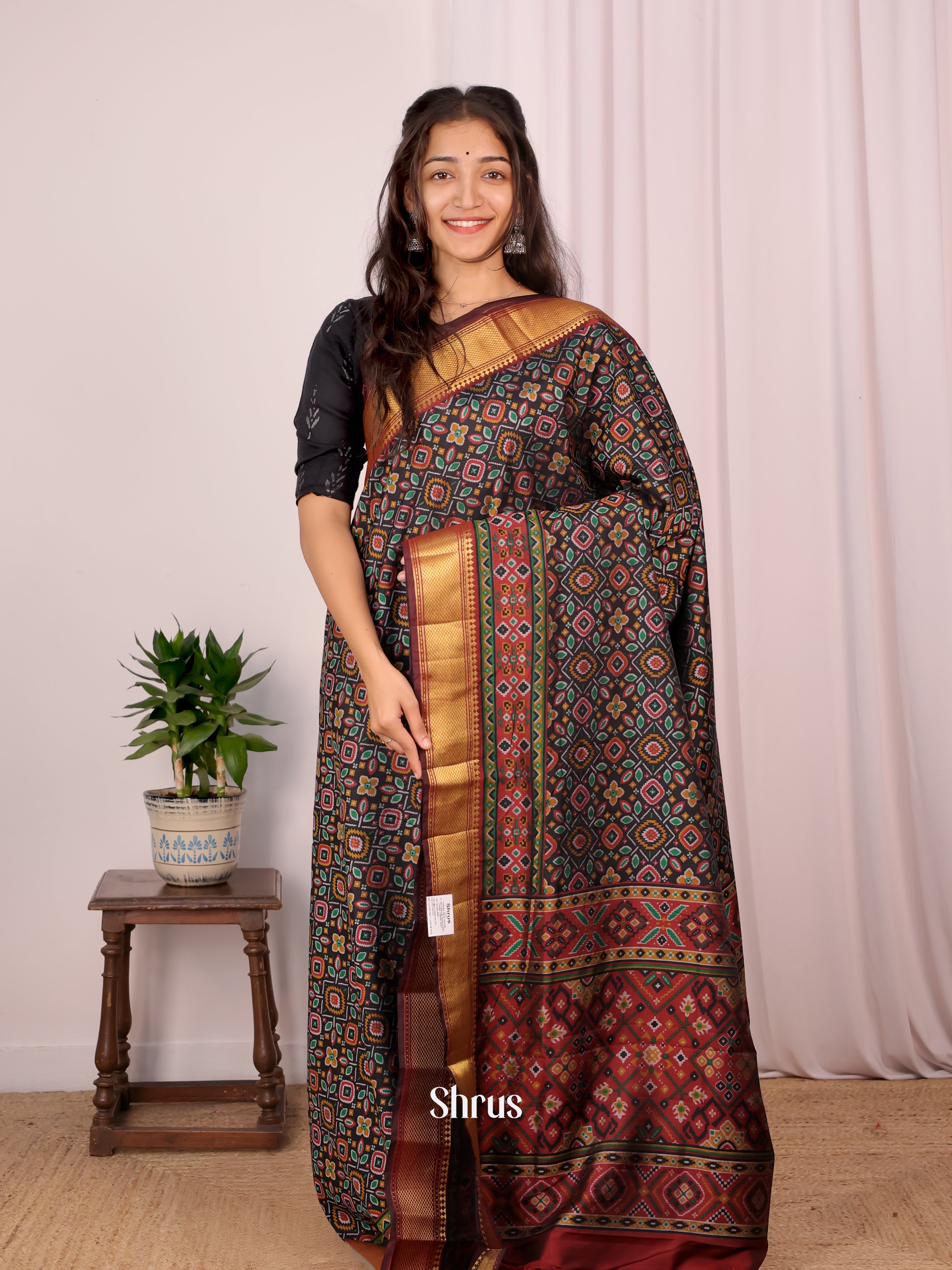 Black & Maroon - Semi Patola Saree - Shop on Shrus.com
