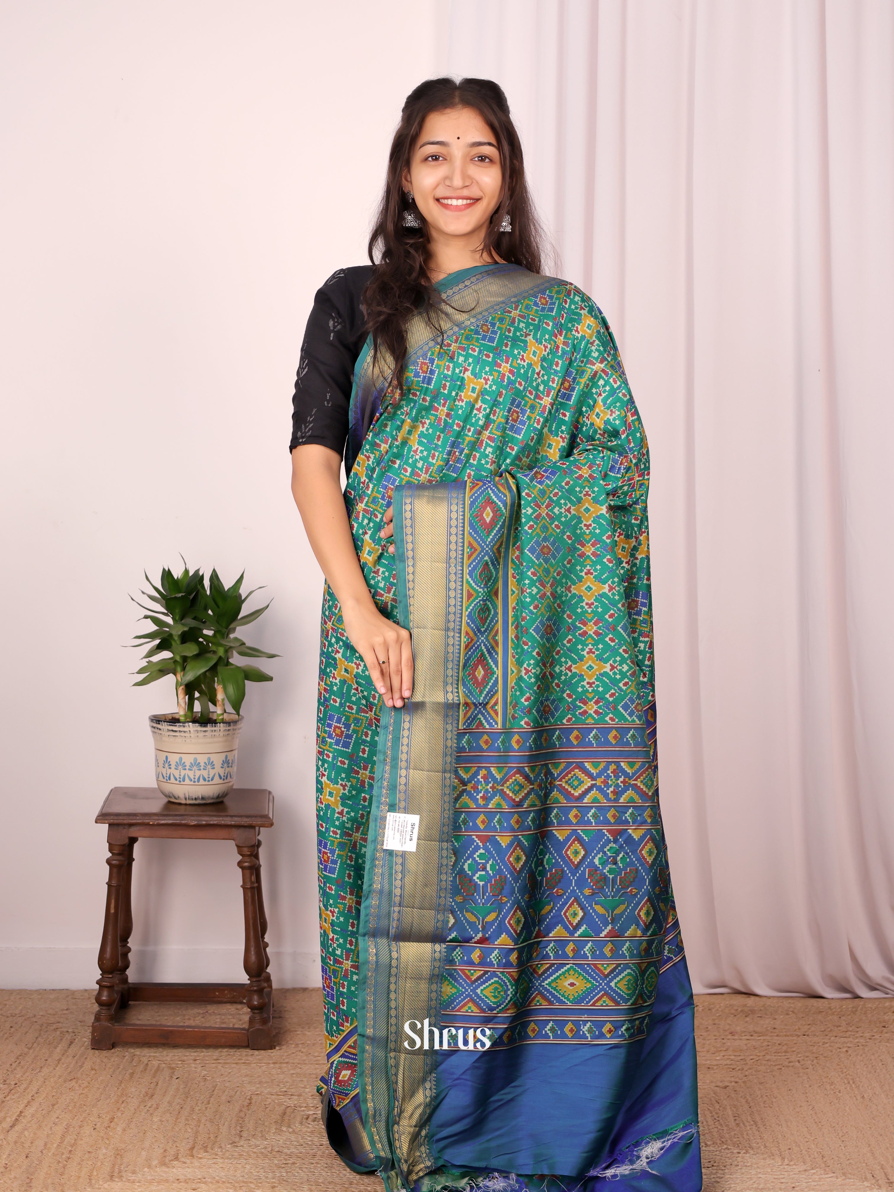 Green & Blue- Semi Patola Saree - Shop on Shrus.com