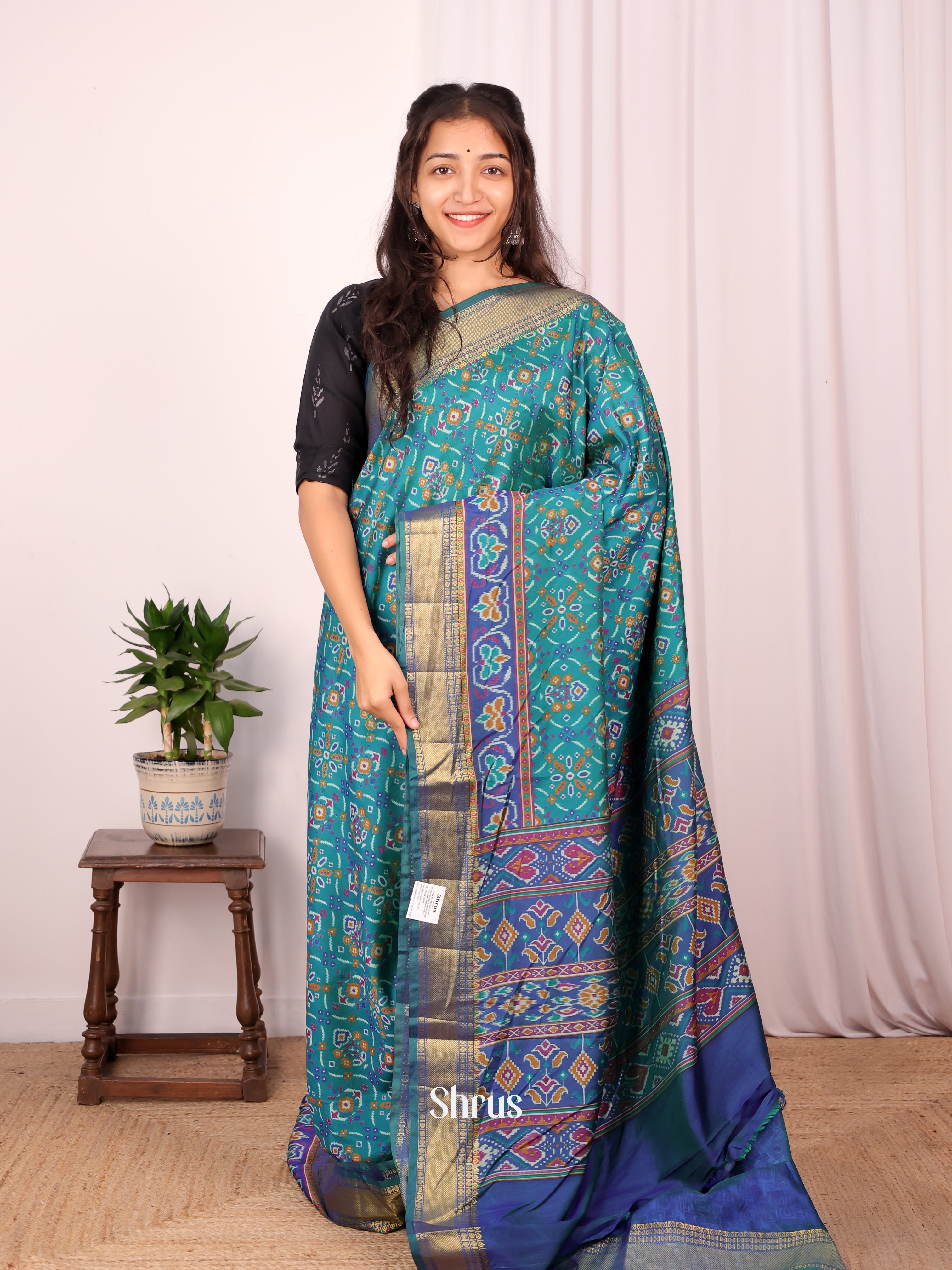 Teal & Blue - Semi Patola Saree - Shop on Shrus.com