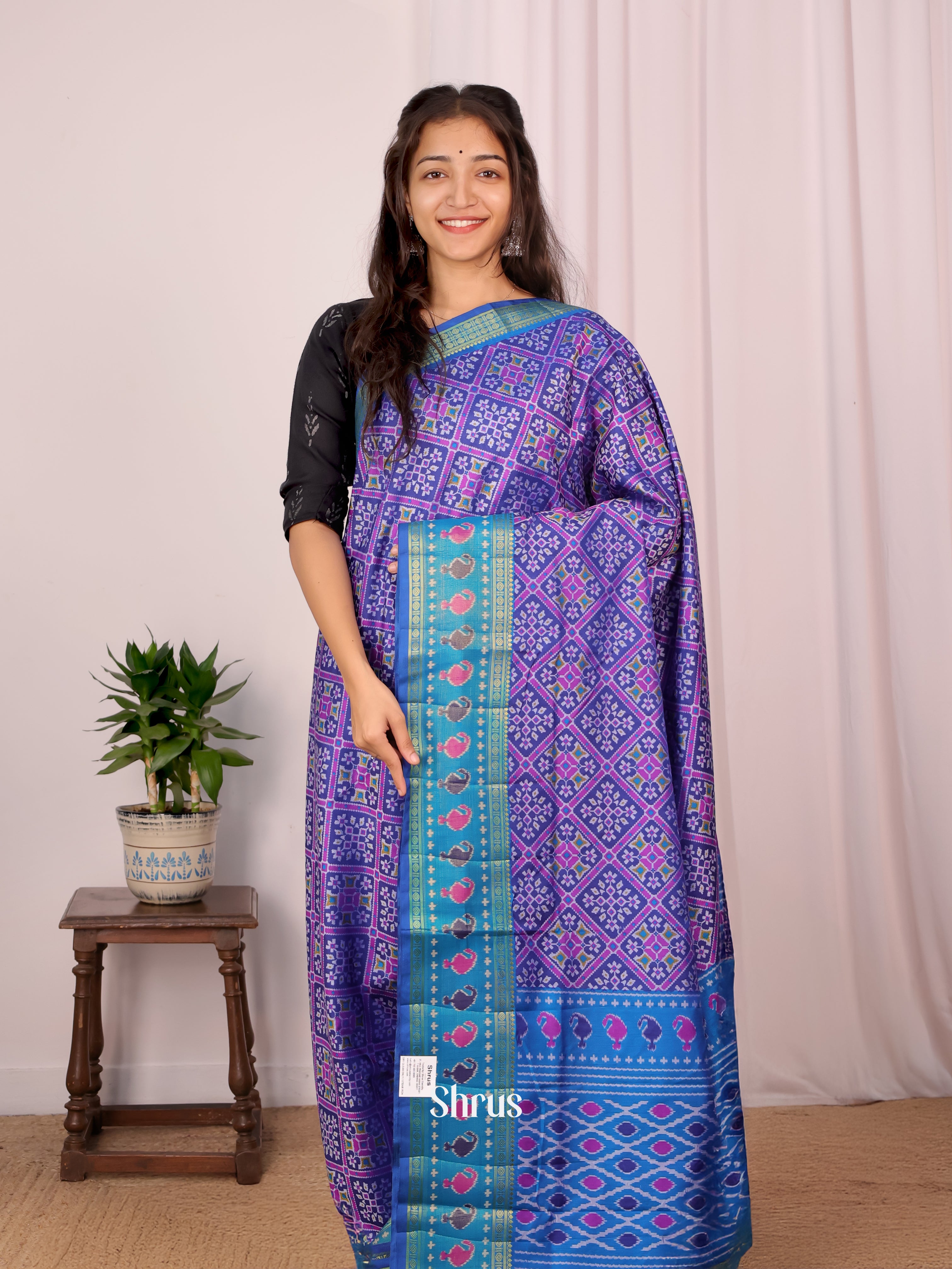 Purple & Blue- Semi Patola Saree - Shop on Shrus.com