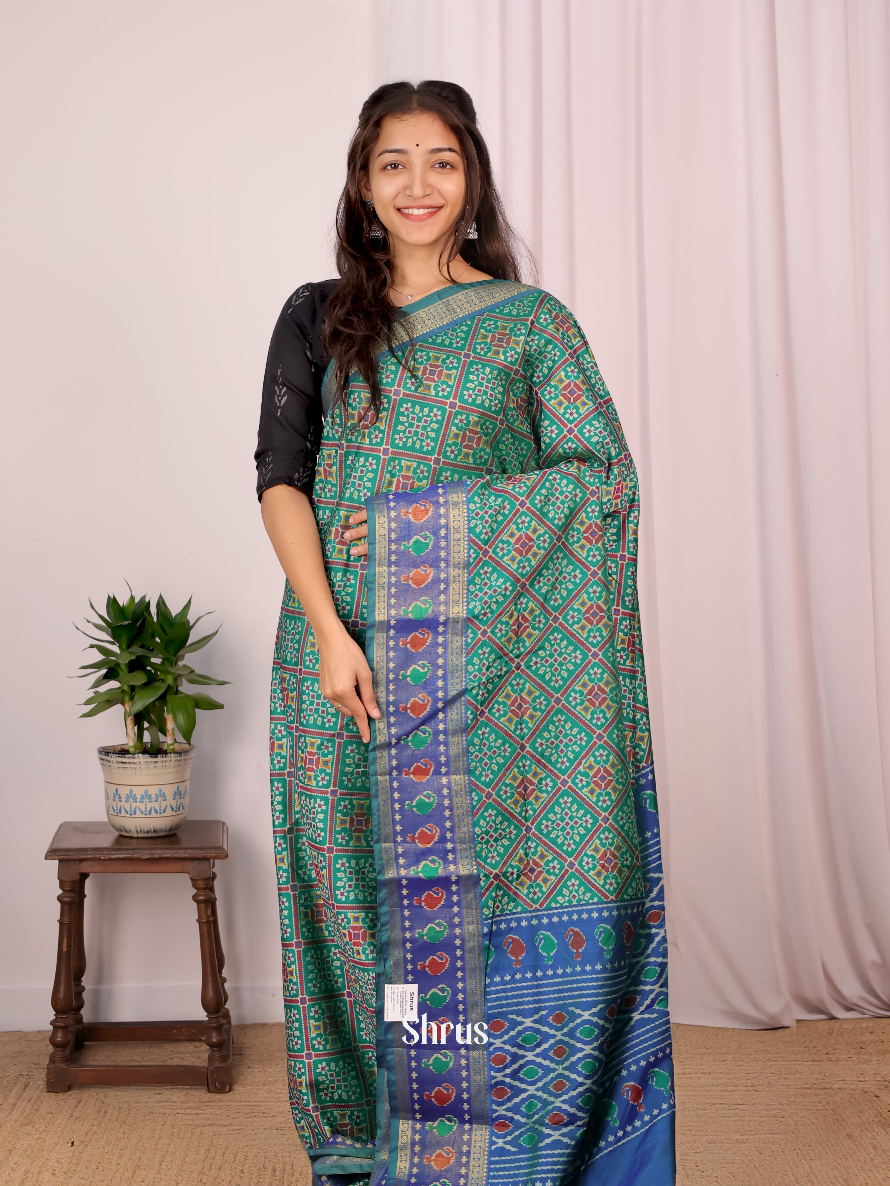 Green & Blue - Semi Patola Saree - Shop on Shrus.com