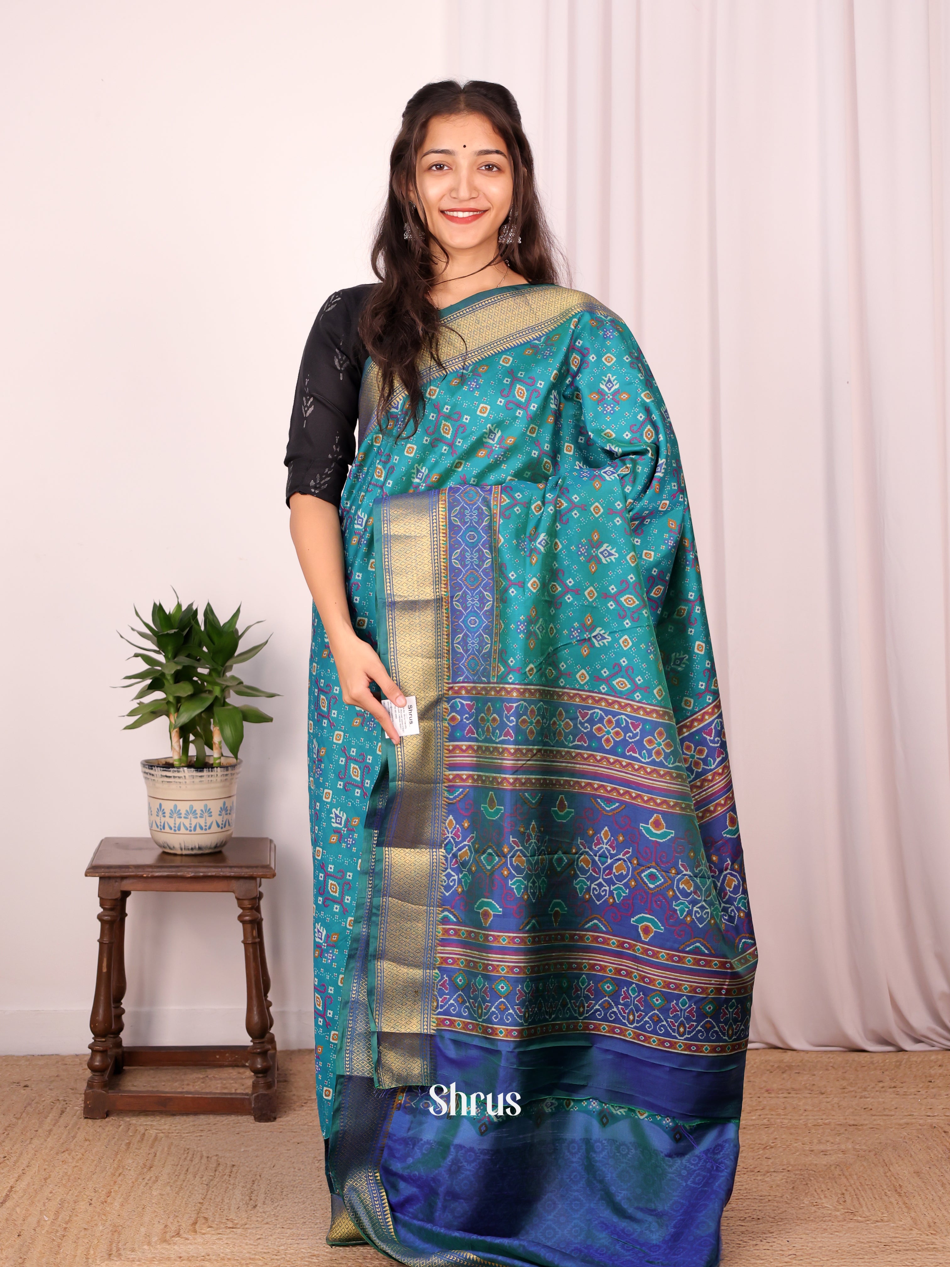 Green & Blue - Semi Patola Saree - Shop on Shrus.com