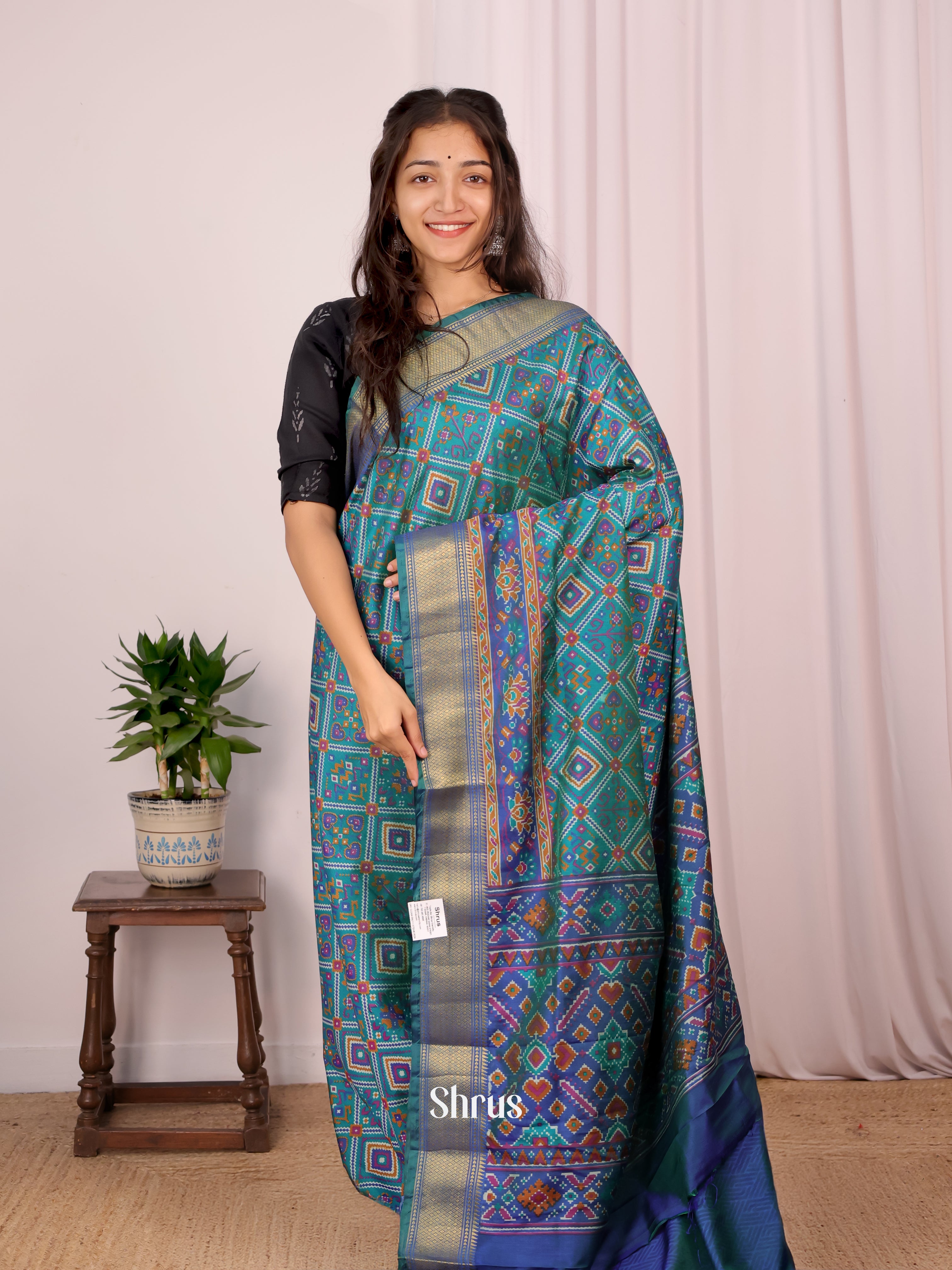 Teal & Blue - Semi Patola Saree - Shop on Shrus.com
