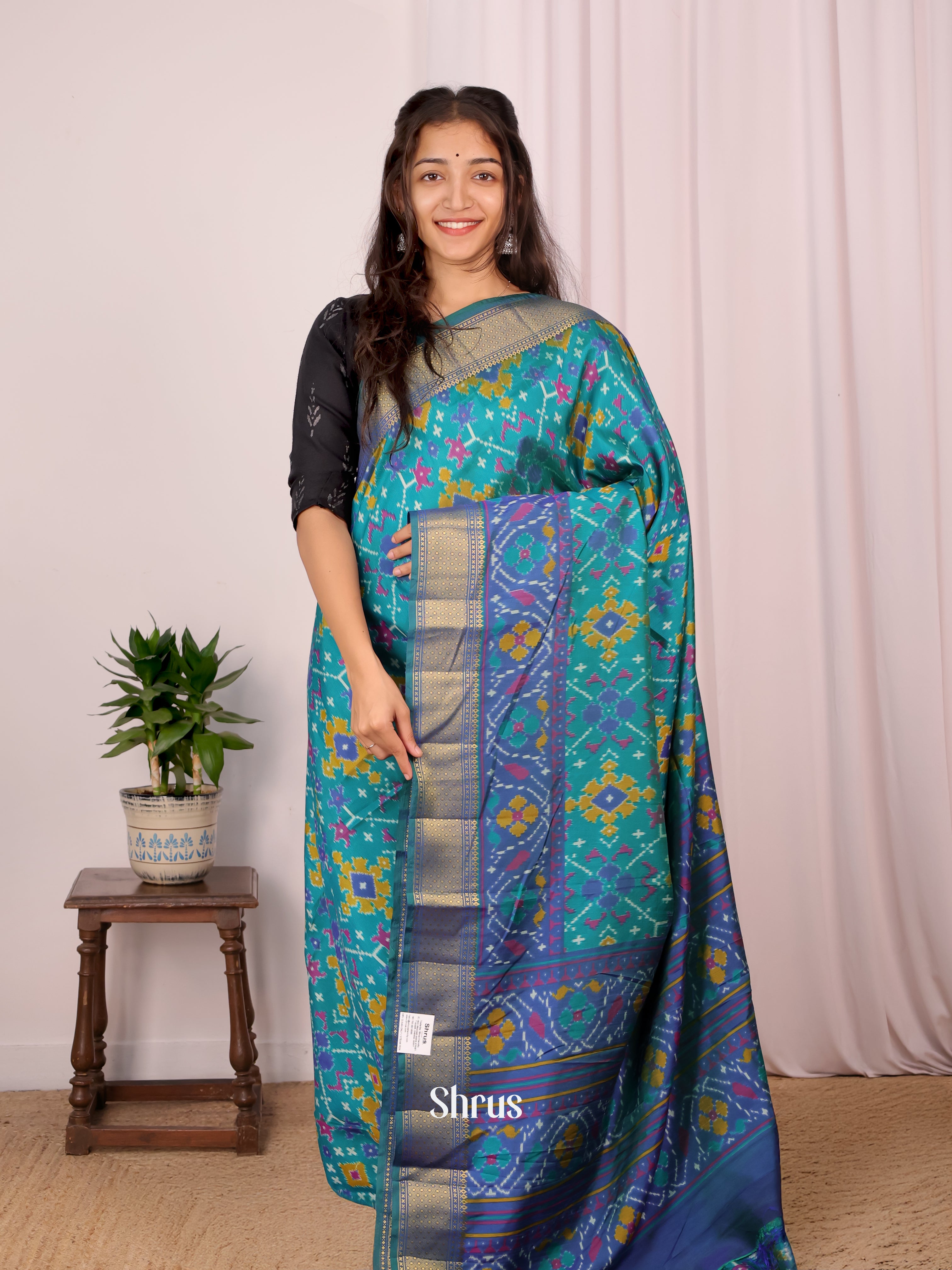 Teal & Blue - Semi Patola Saree - Shop on Shrus.com