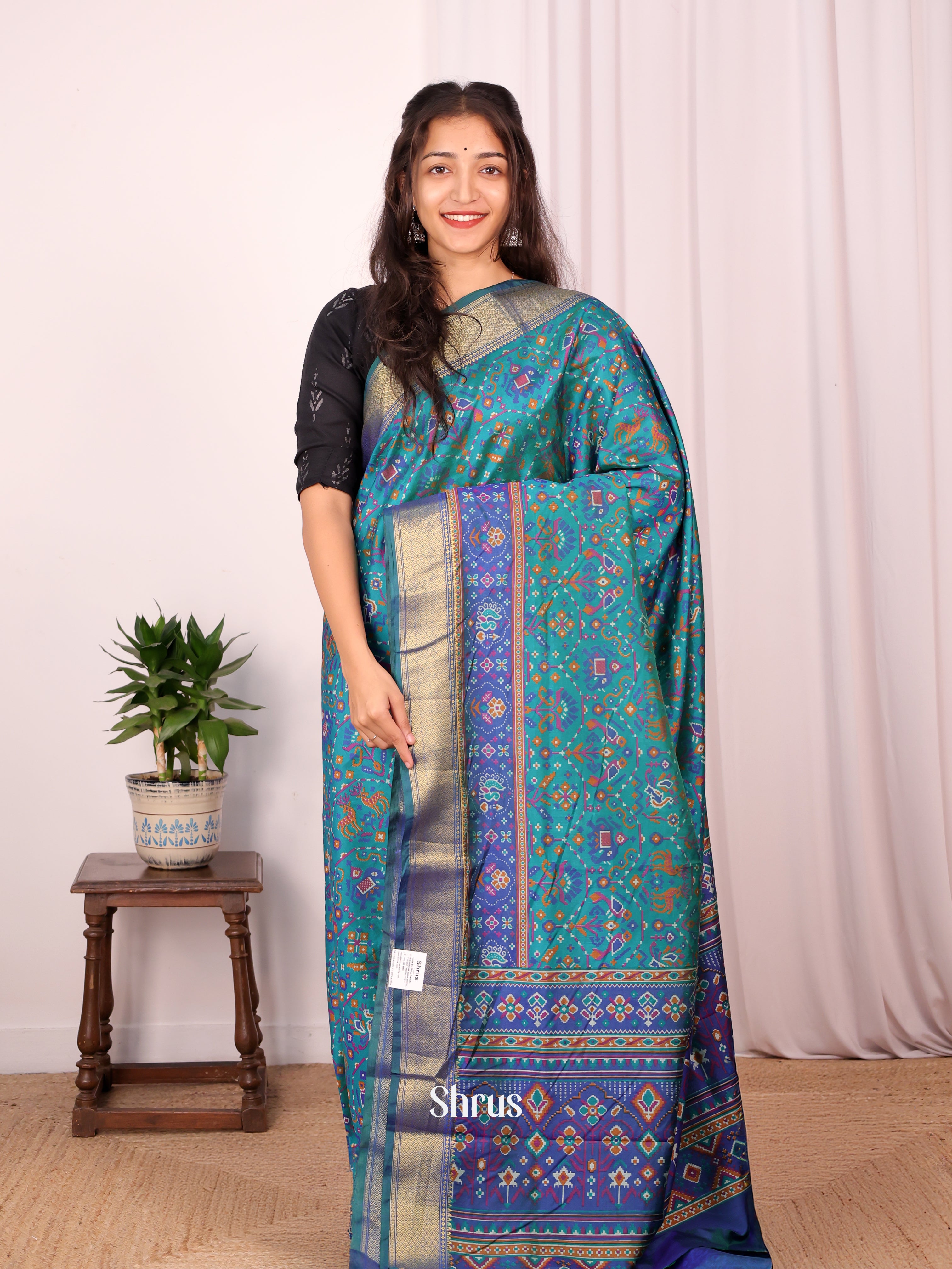 Teal & Blue - Semi Patola Saree - Shop on Shrus.com