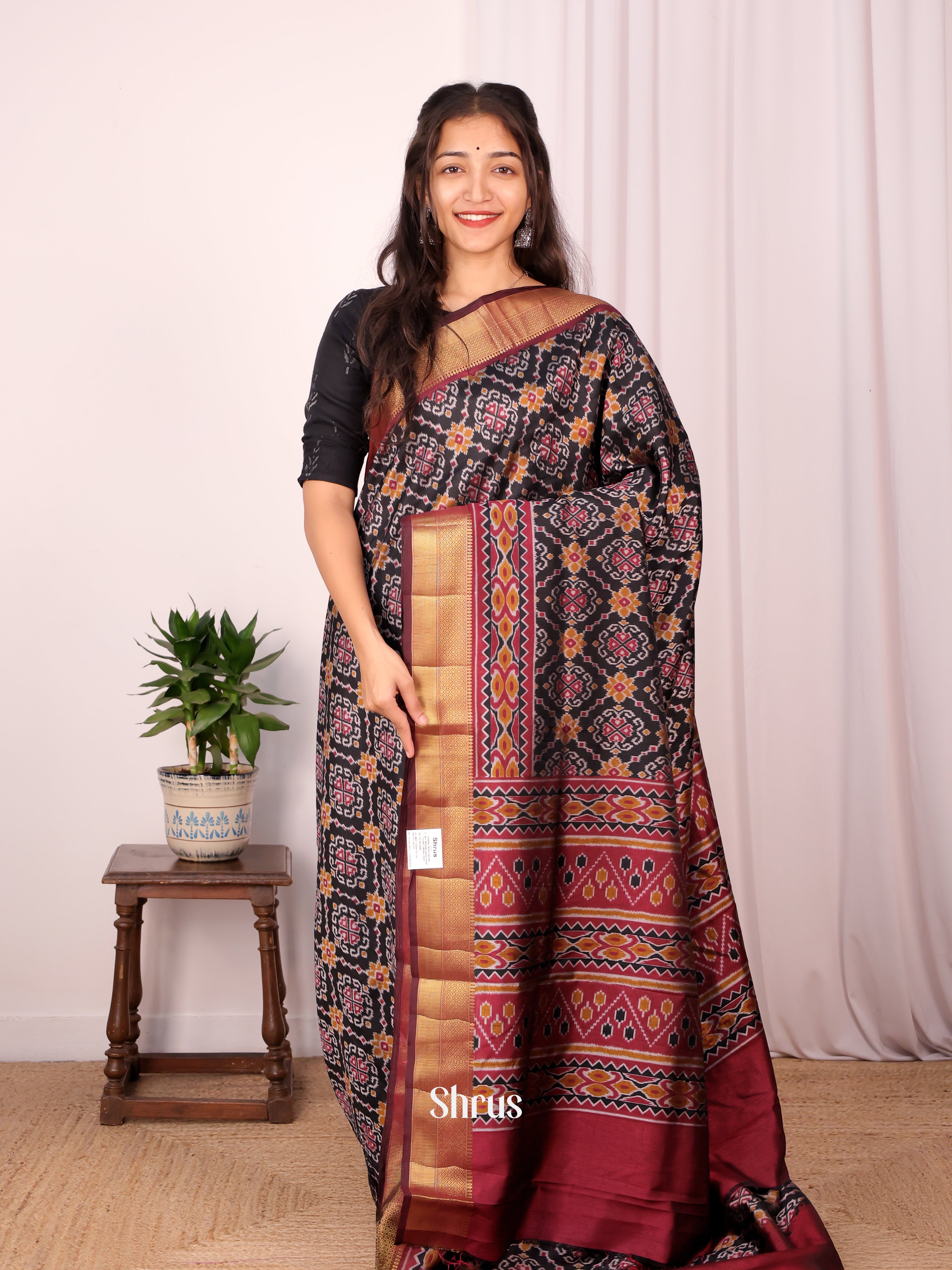 Black & maroon - Semi Patola Saree - Shop on Shrus.com