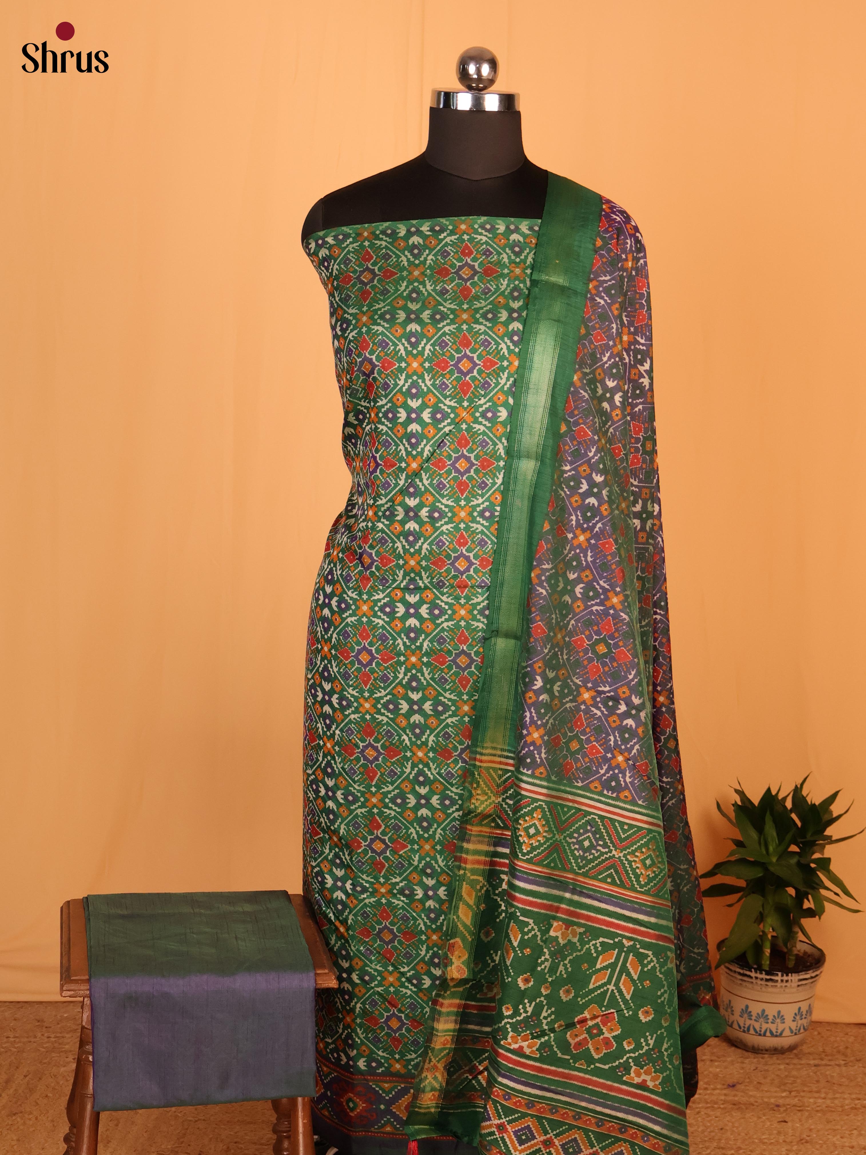 Green & Purple - Semi Patola Unstitched Top, Bottom & Dupatta - CKS20006 - Shop on Shrus.com
