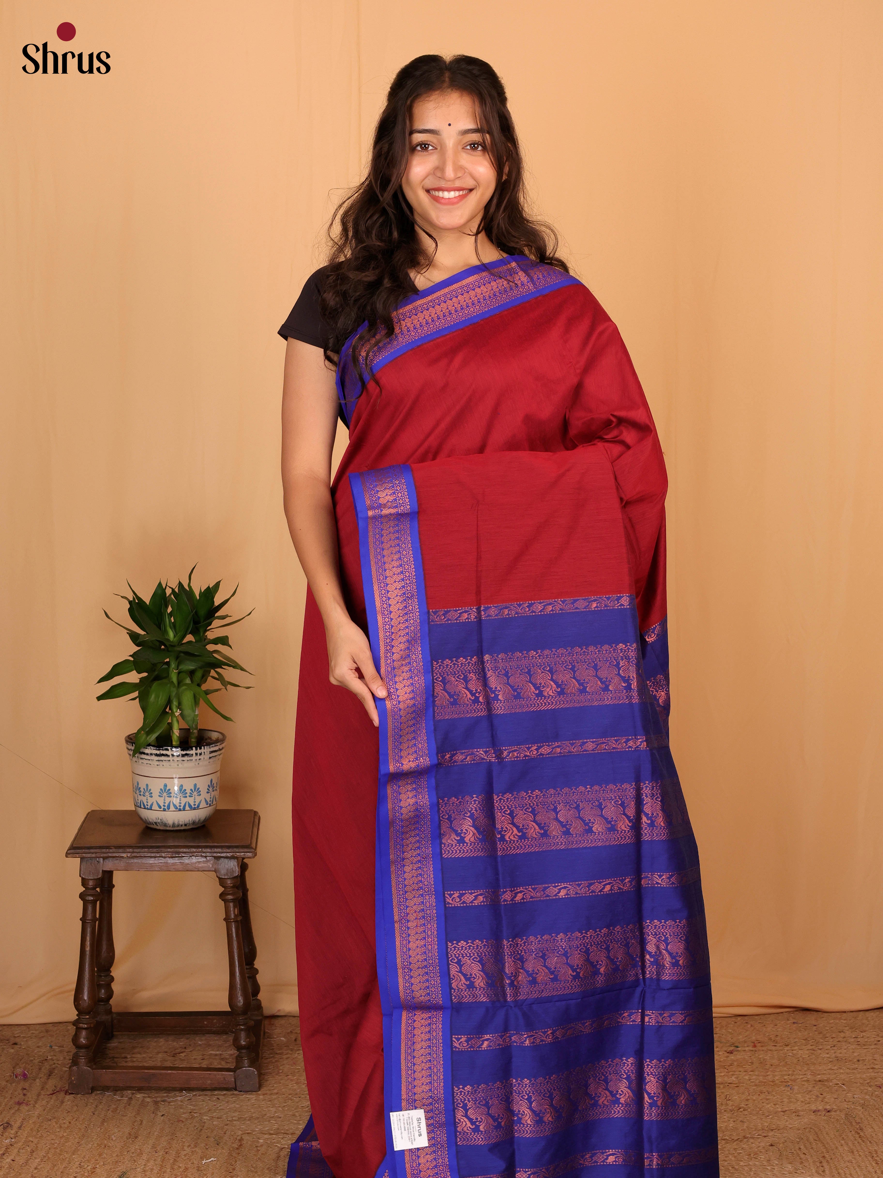 Maroon & Blue - Kalyani Cotton Saree - Shop on Shrus.com