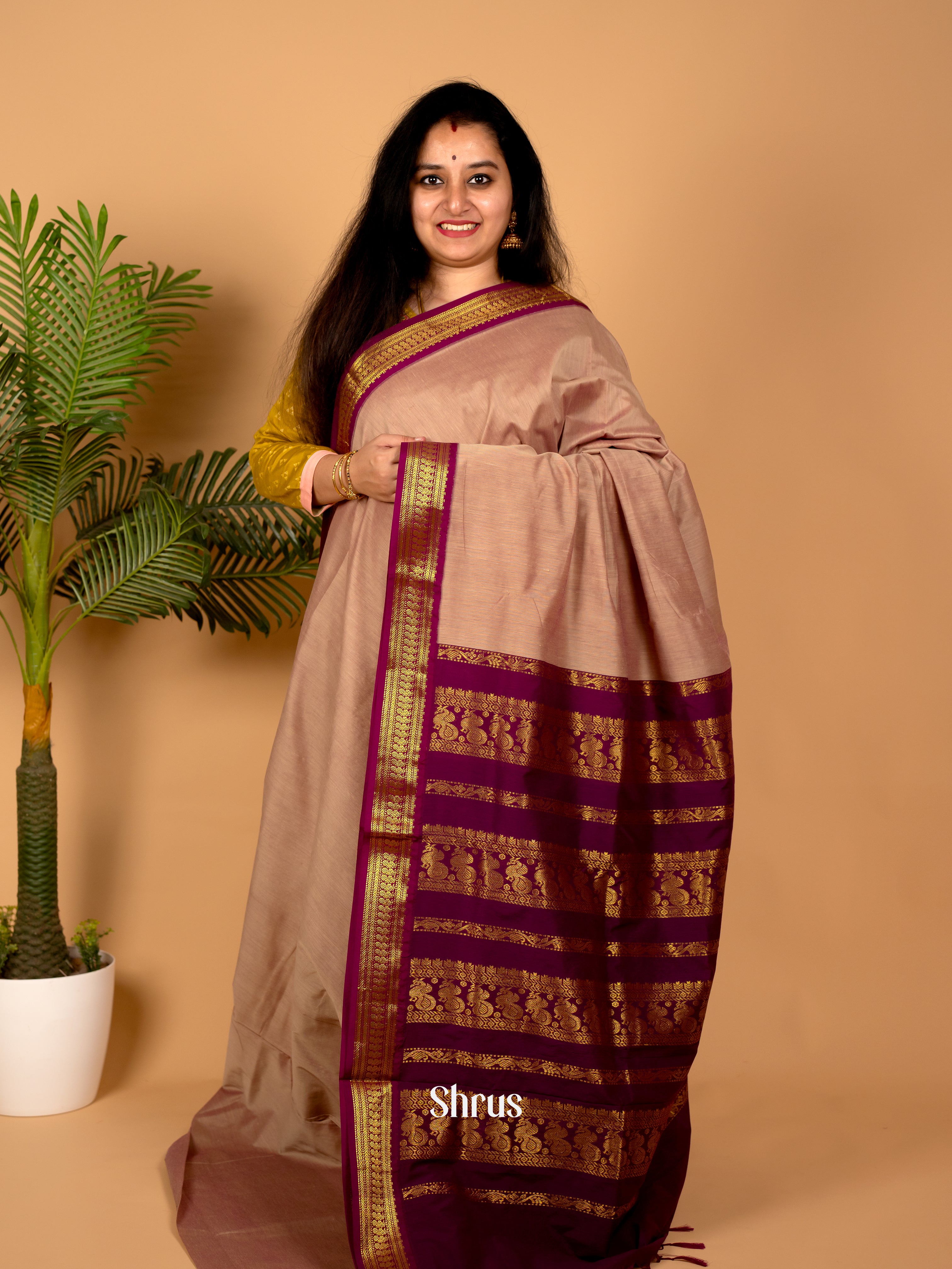 Lite Brown & Violet - Kalyani Cotton Saree - Shop on Shrus.com