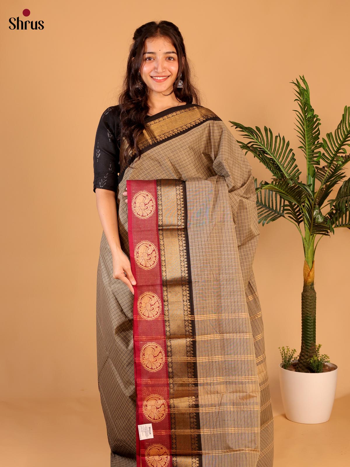Grey & Brown - Chettinad Cotton Saree - Shop on Shrus.com