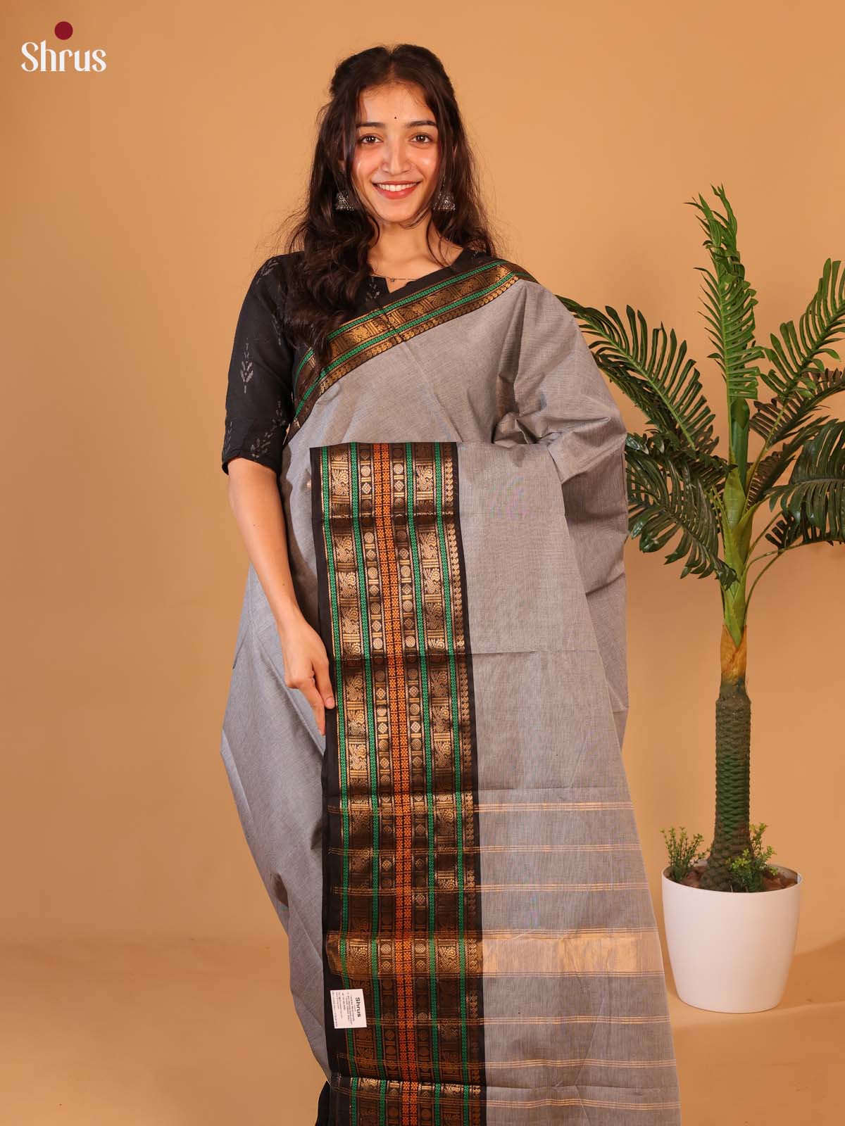 Grey & Black- Chettinad Cotton Saree - Shop on Shrus.com