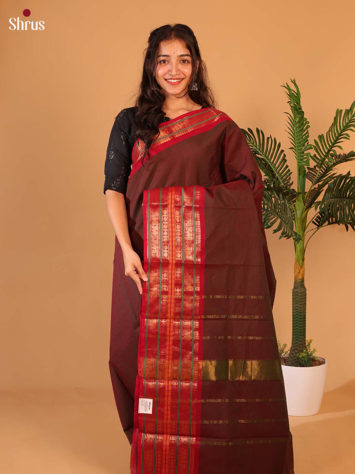 Brown & Red- Chettinad Cotton Saree - Shop on Shrus.com